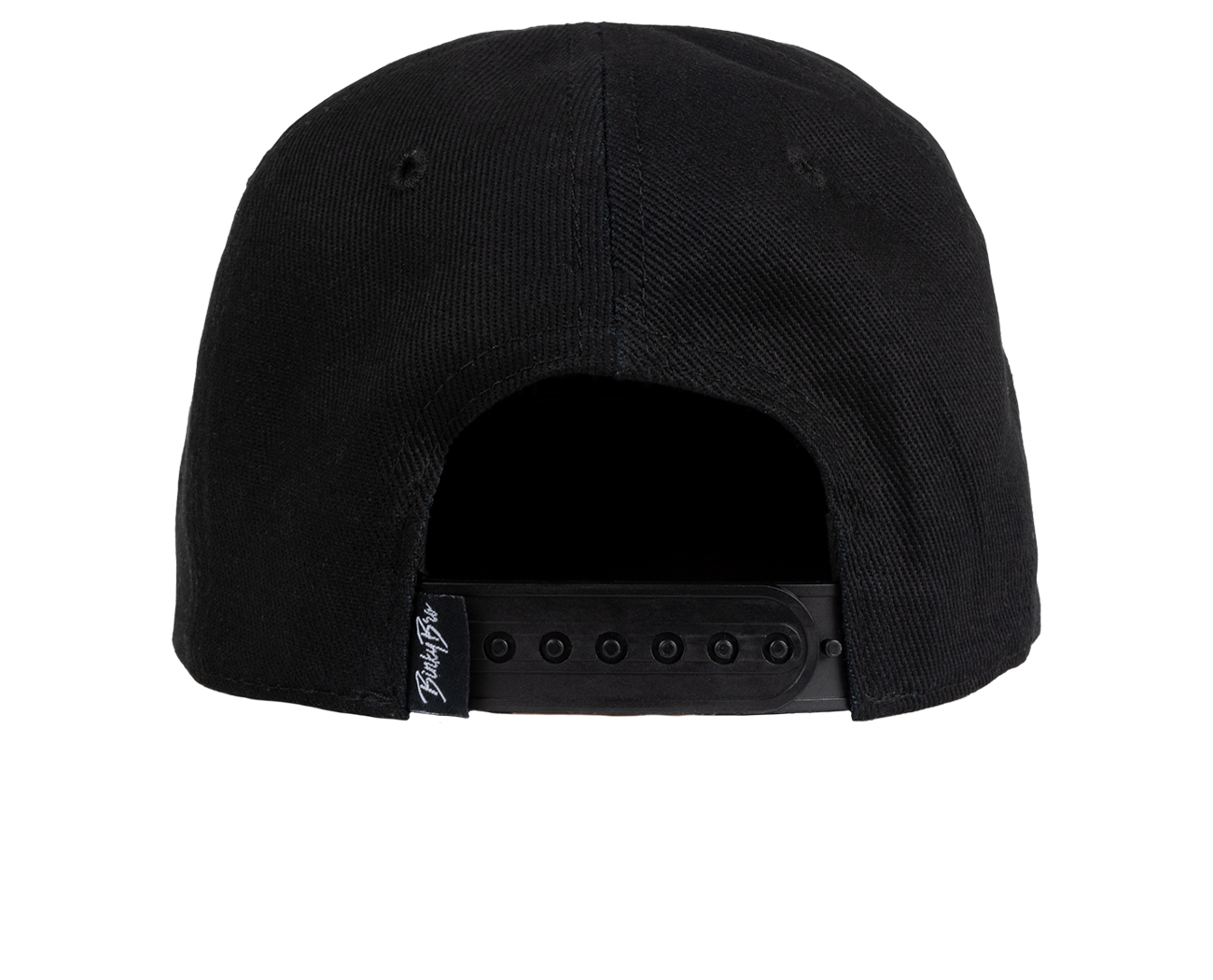 Black snapback hat with a flat brim and adjustable strap at the back, showcasing a minimalist design.