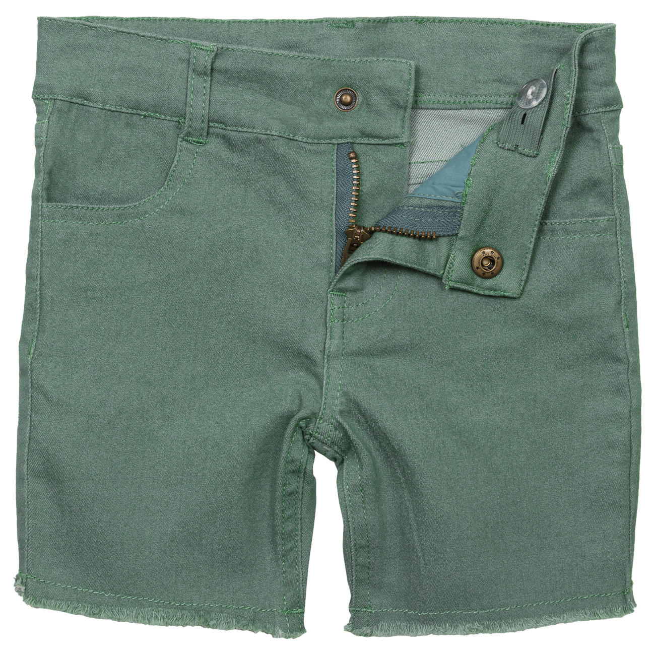 Green Waco shorts for kids featuring a classic design with front pockets and a zip fly, perfect for summer adventures.