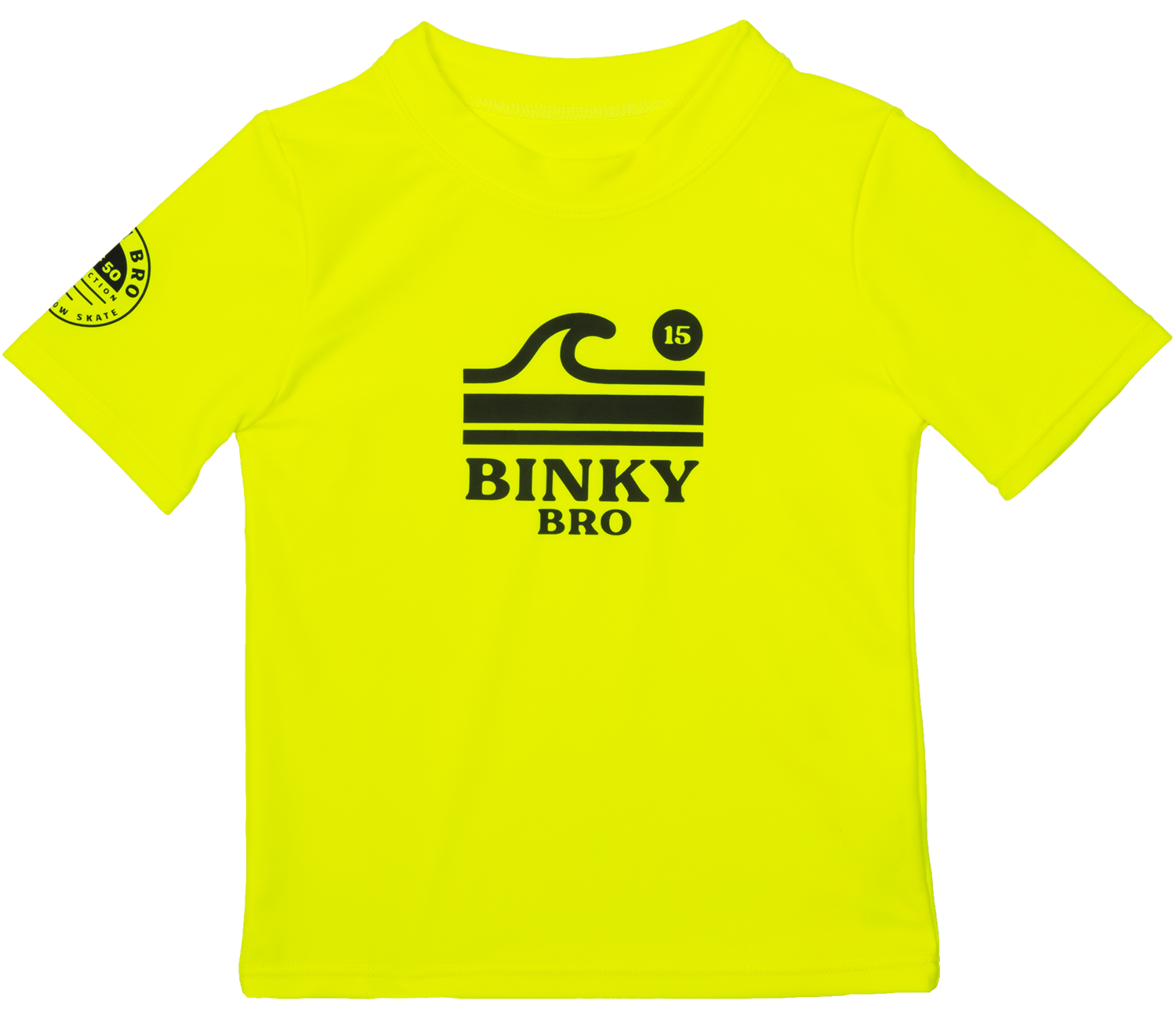 Bright neon yellow rash guard featuring BinkyBro logo and wave design, perfect for sun protection during water activities.