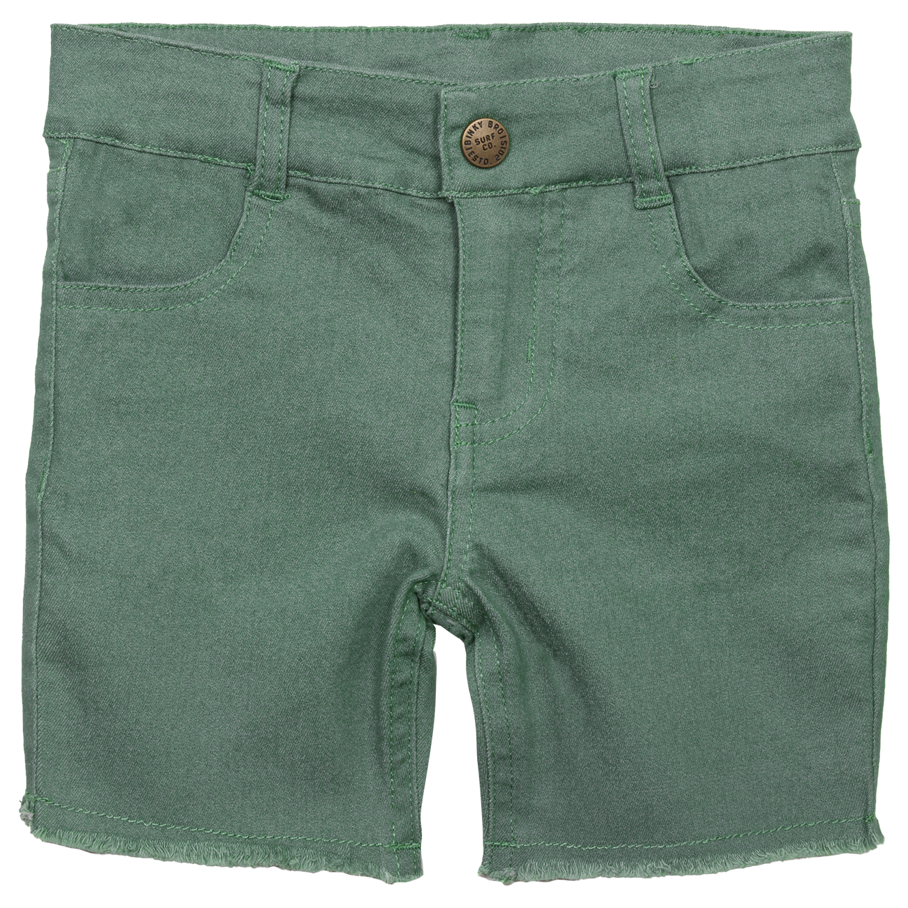 Green Waco shorts for kids featuring a classic five-pocket design and a button closure, perfect for stylish summer wear.