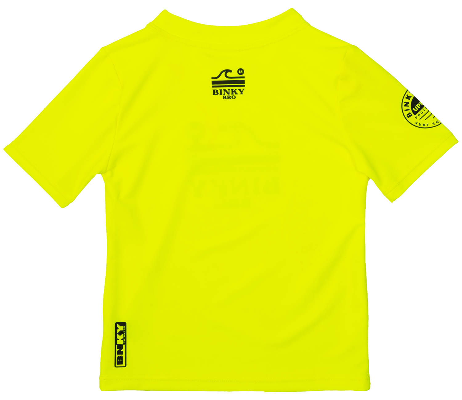 Bright neon yellow rash guard featuring BinkyBro branding, designed for infants and toddlers for sun protection during water activities.