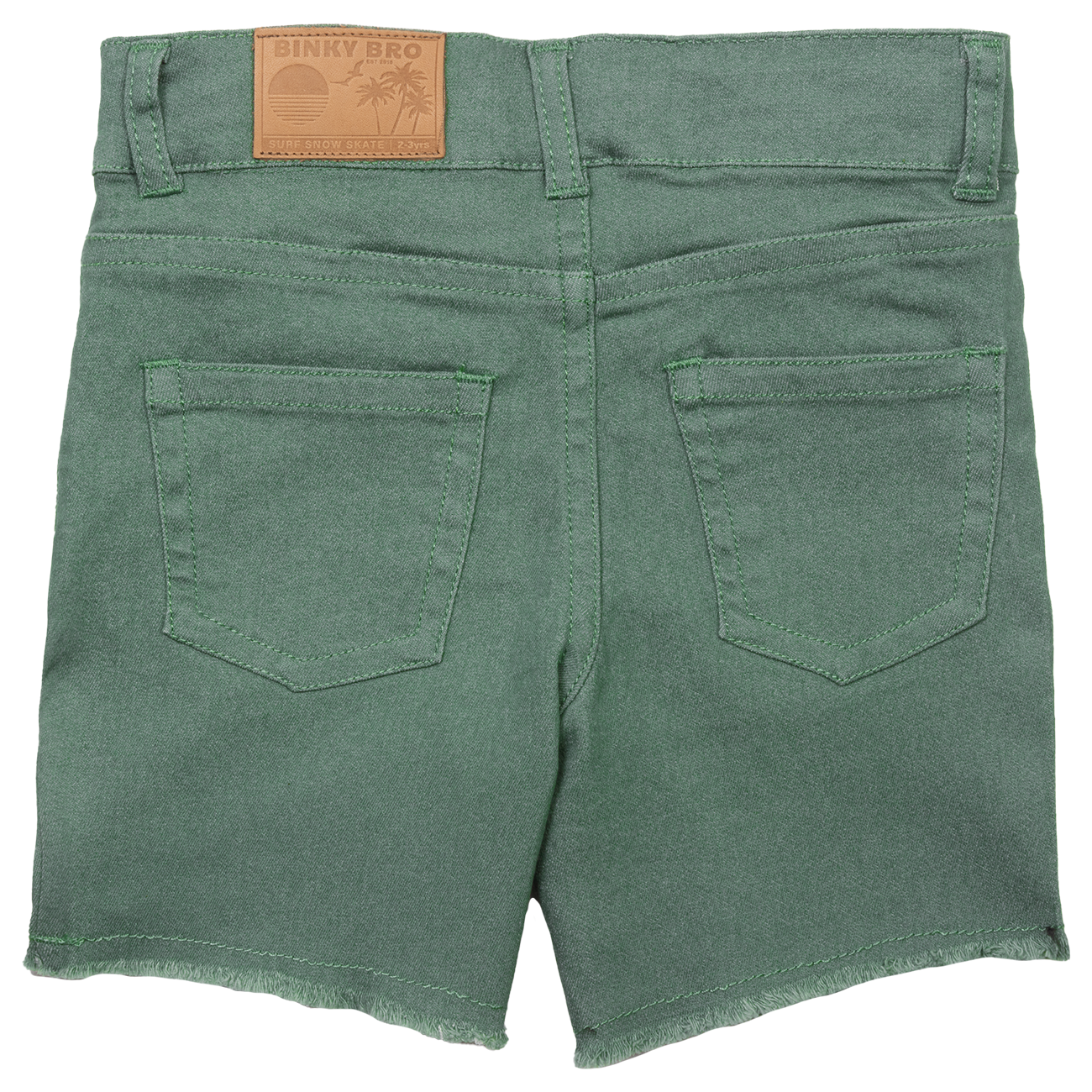 Green Waco shorts for kids featuring a frayed hem and back pockets, perfect for a stylish summer look.