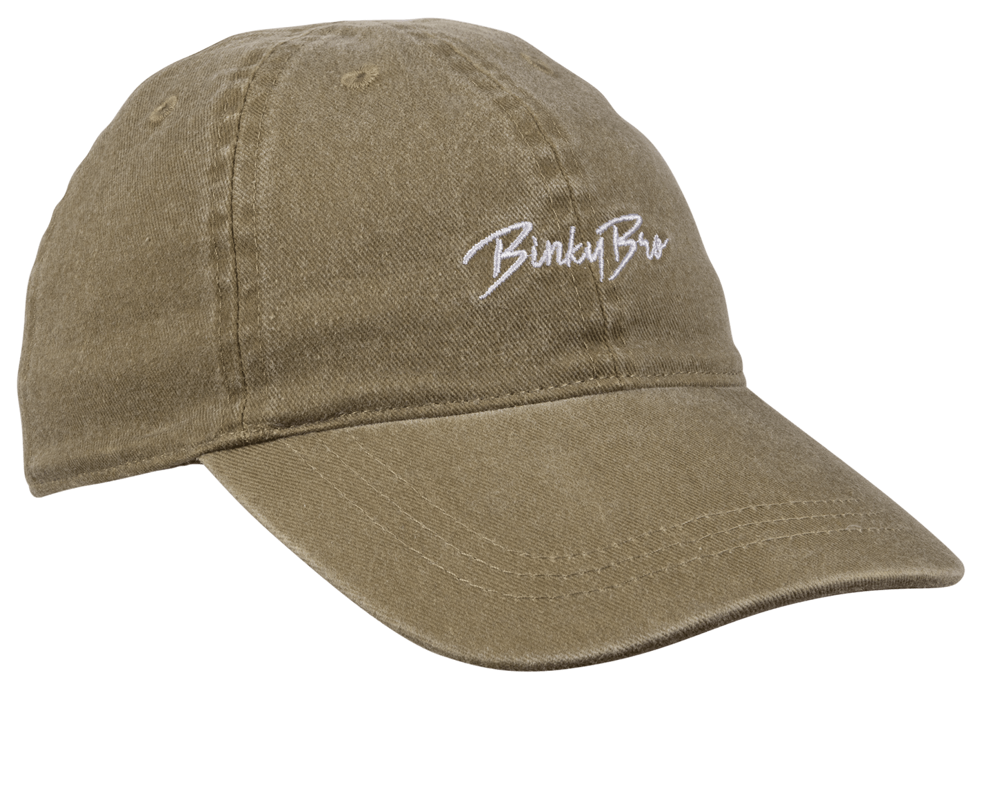 Stylish olive green cap with a curved brim and embroidered BinkyBro logo, perfect for kids' outdoor adventures.
