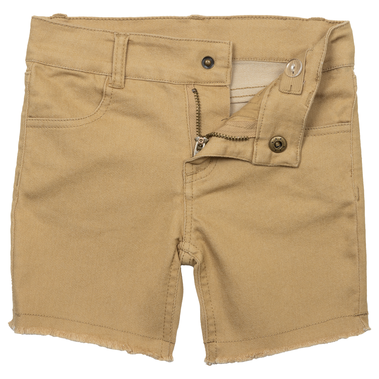 Tan Waco shorts featuring a zip fly and button closure, designed for stylish comfort in kids' summer apparel.
