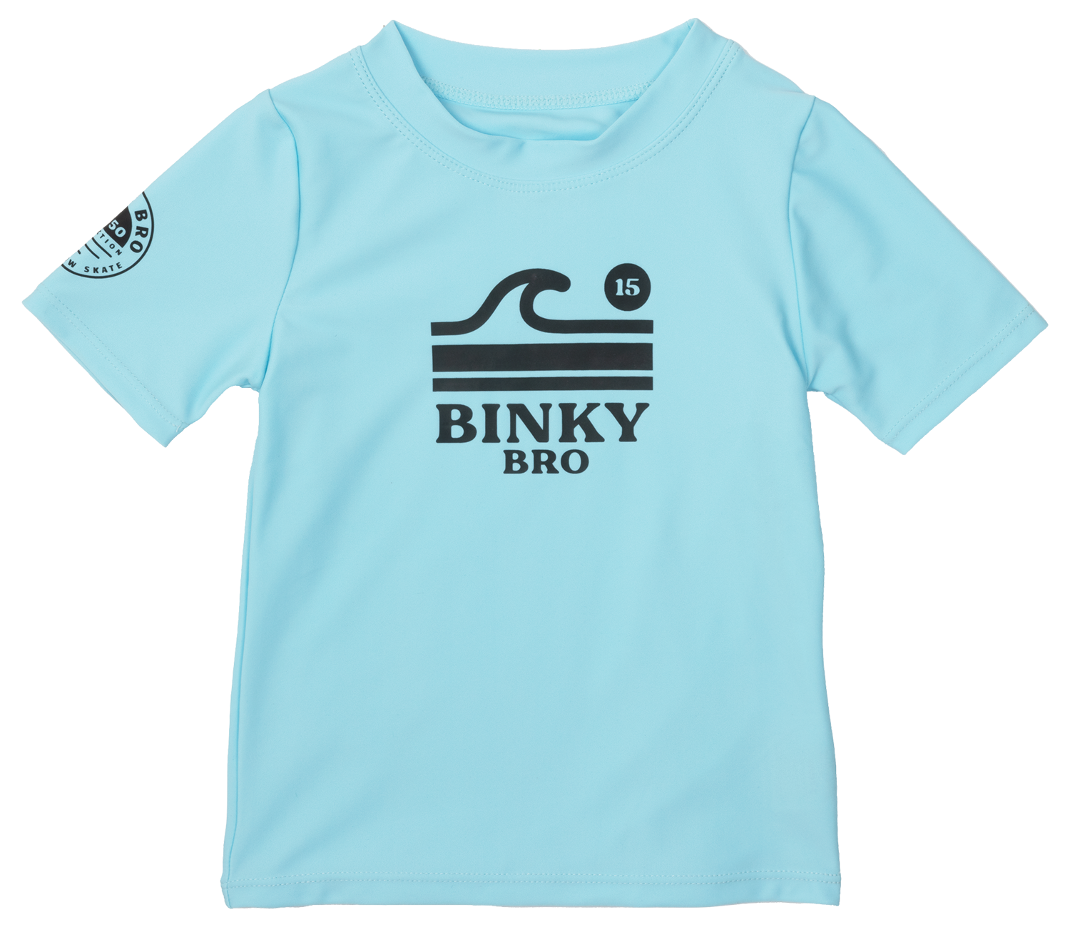 Light blue rash guard featuring a black Binky Bro logo and wave design, ideal for kids' sun protection during water activities.