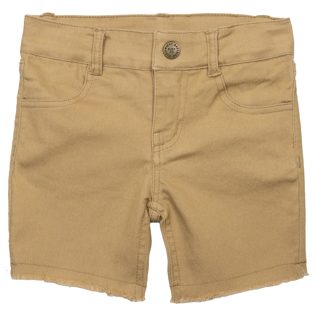 Tan Waco shorts for kids featuring a classic design with a frayed hem and front pockets, perfect for casual summer wear.