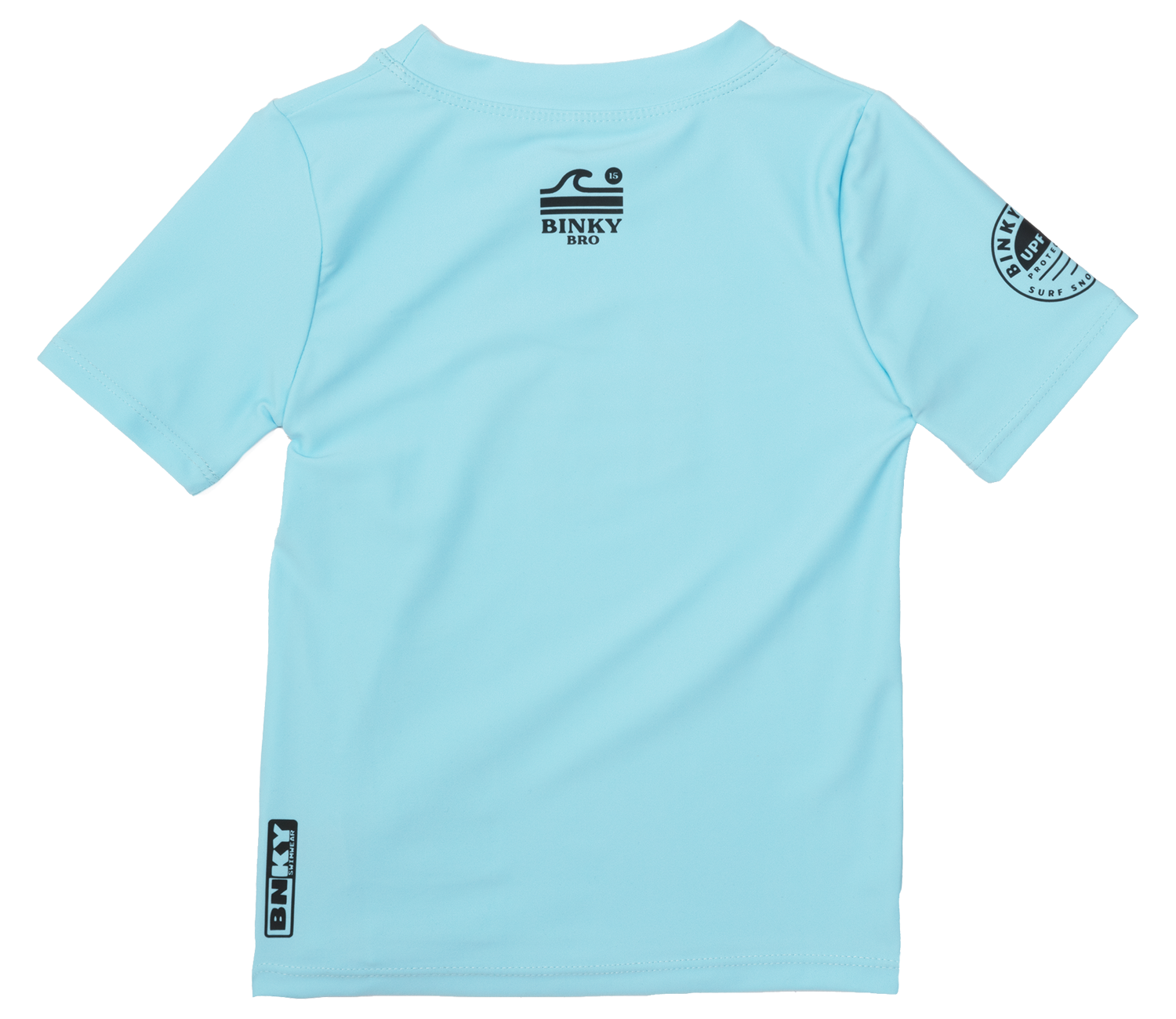 Light blue short-sleeve rash guard featuring BinkyBro branding, designed for active infants and toddlers.