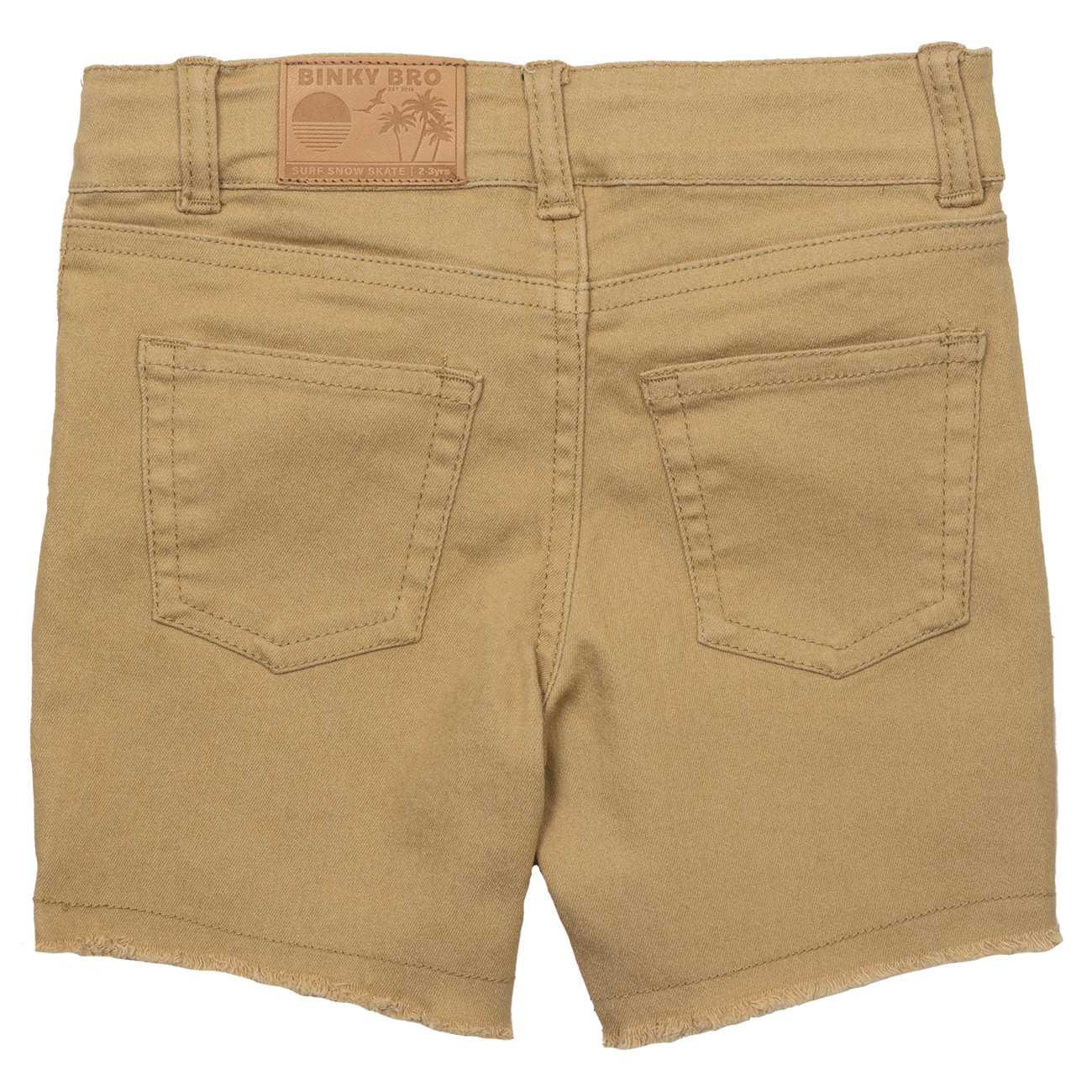 Tan Waco shorts for kids featuring a frayed hem and back pockets, showcasing a stylish and casual design.