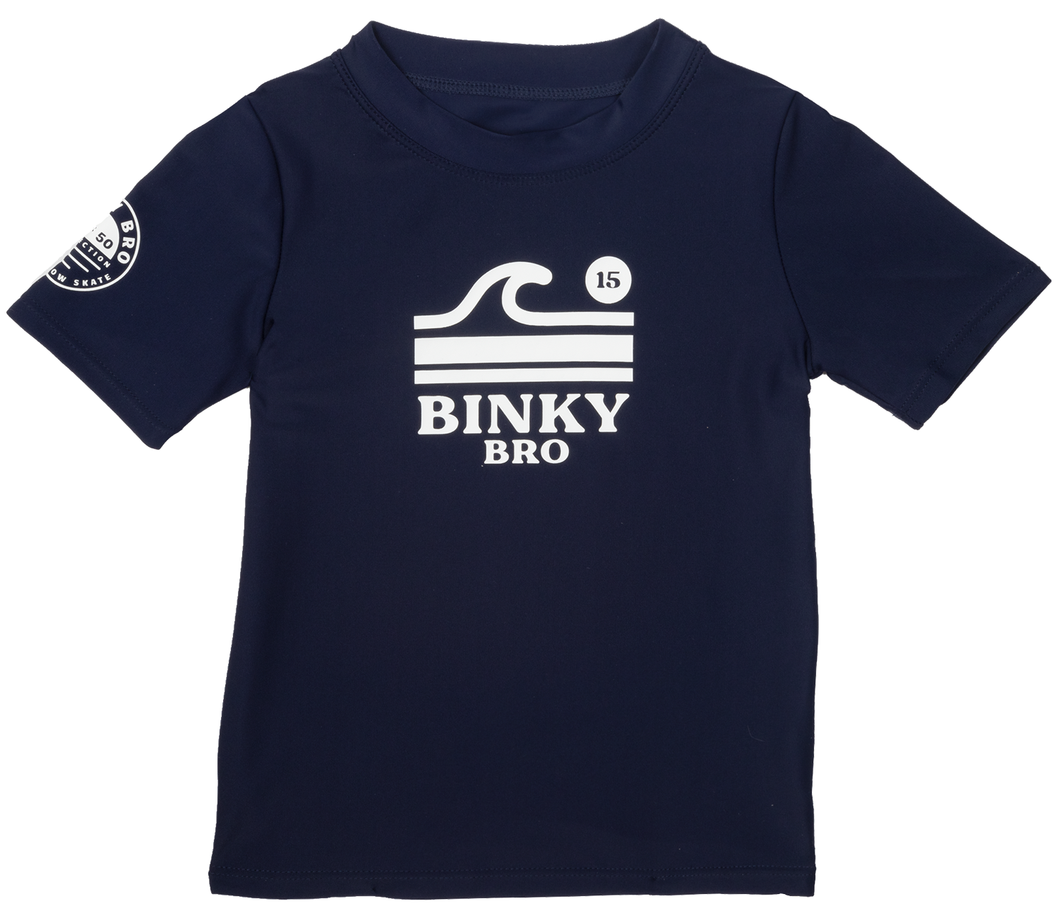 Navy rash guard featuring BinkyBro logo and wave design, perfect for kids' beach and water activities.