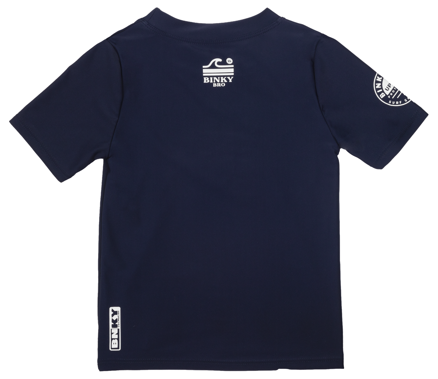 Navy rash guard for kids featuring BinkyBro logo, designed for sun protection during water activities.