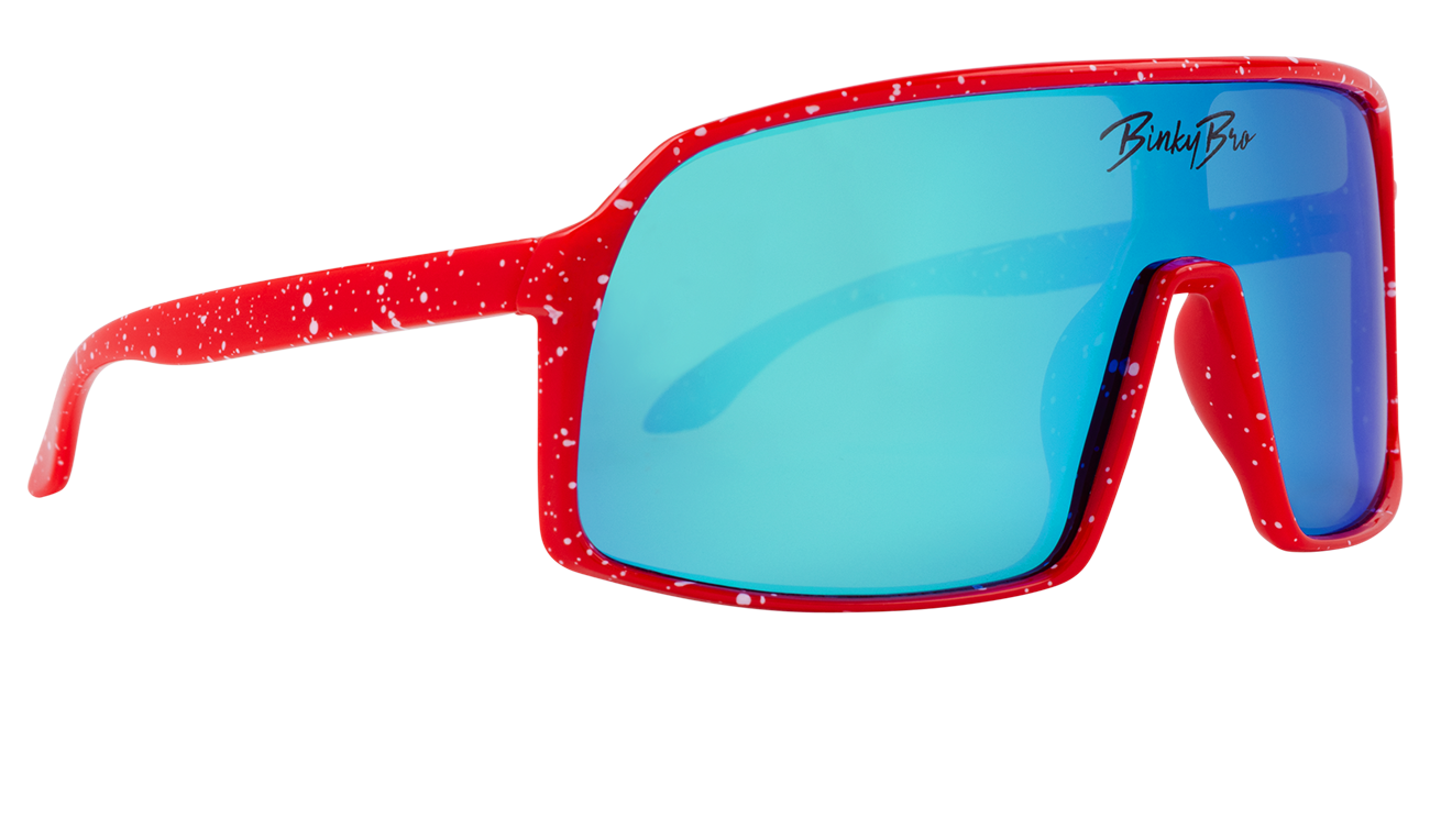 Stylish red sunglasses with blue lenses and a speckled design, perfect for kids' outdoor adventures.