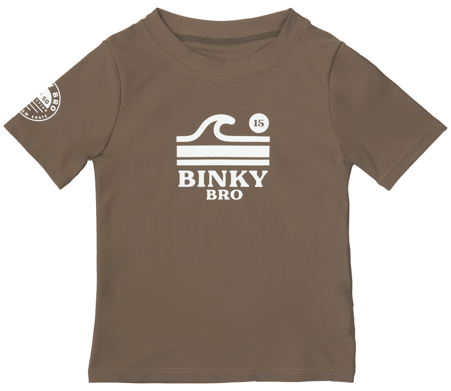 Brown rash guard featuring a white wave graphic and "Binky Bro" branding, designed for infants and toddlers.