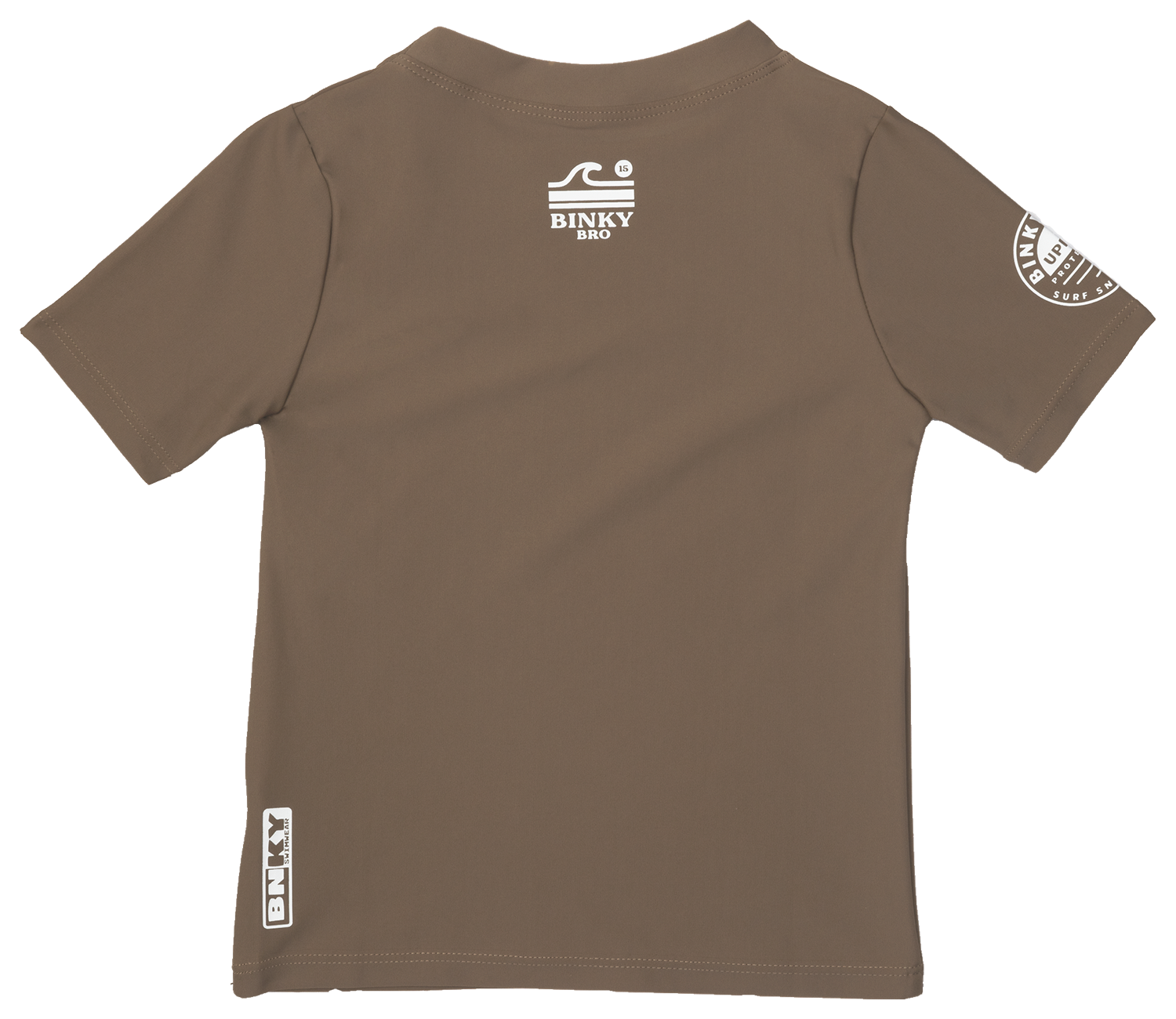 Brown rash guard for kids featuring BinkyBro logo and surf-inspired design, perfect for sun protection during outdoor activities.