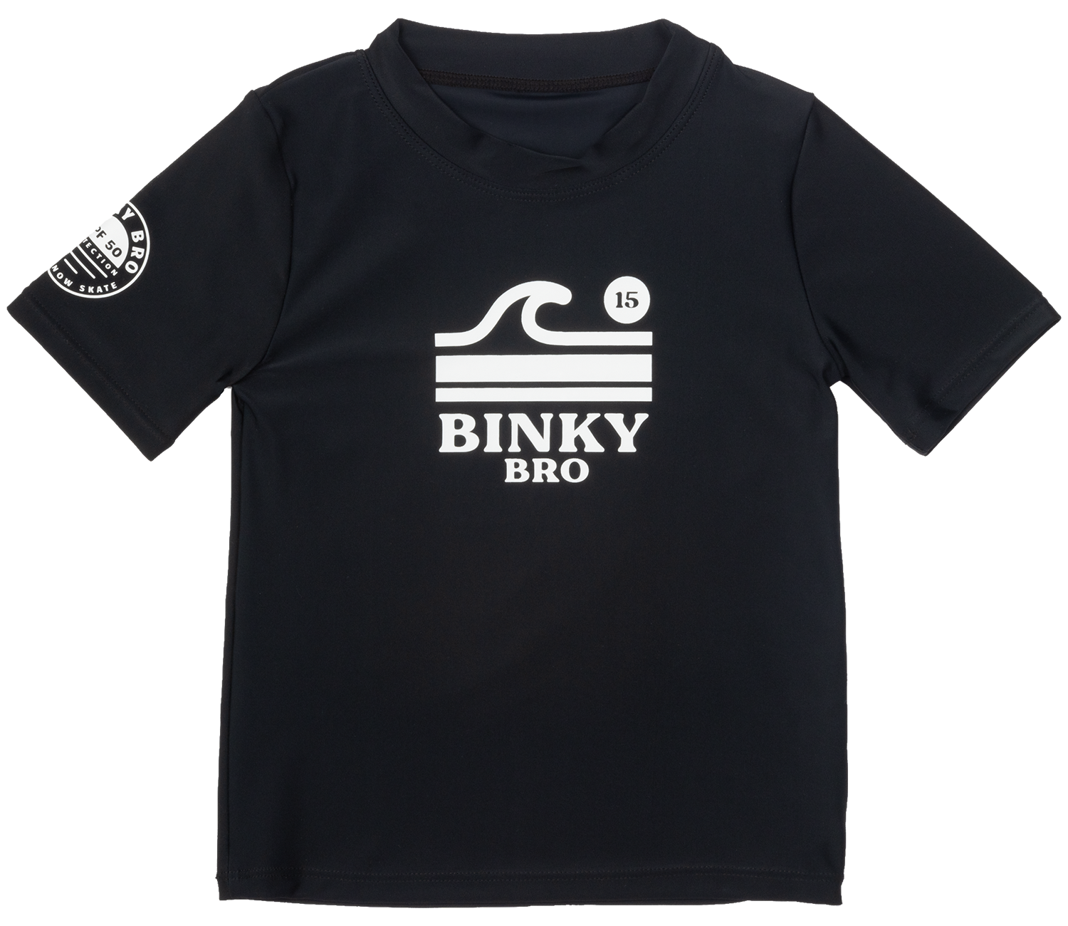 Black rash guard featuring a white Binky Bro logo and wave design, ideal for active kids in sun and water.