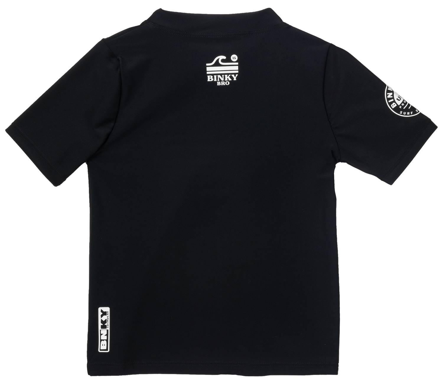 Black short-sleeve rash guard featuring BinkyBro branding, designed for infants and toddlers. Ideal for sun protection.