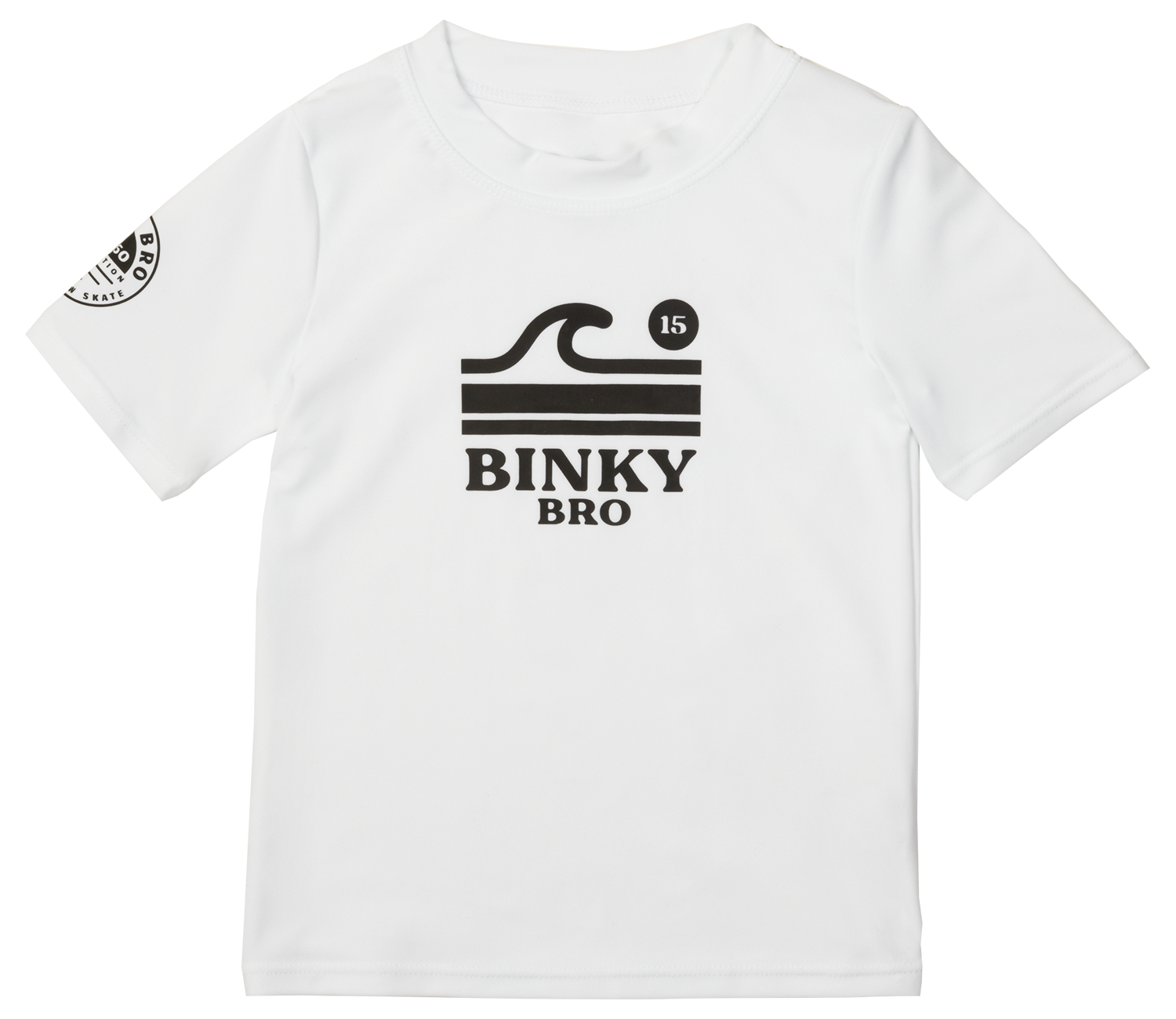 White rash guard featuring a black wave graphic and "Binky Bro" logo, designed for active infants and toddlers.