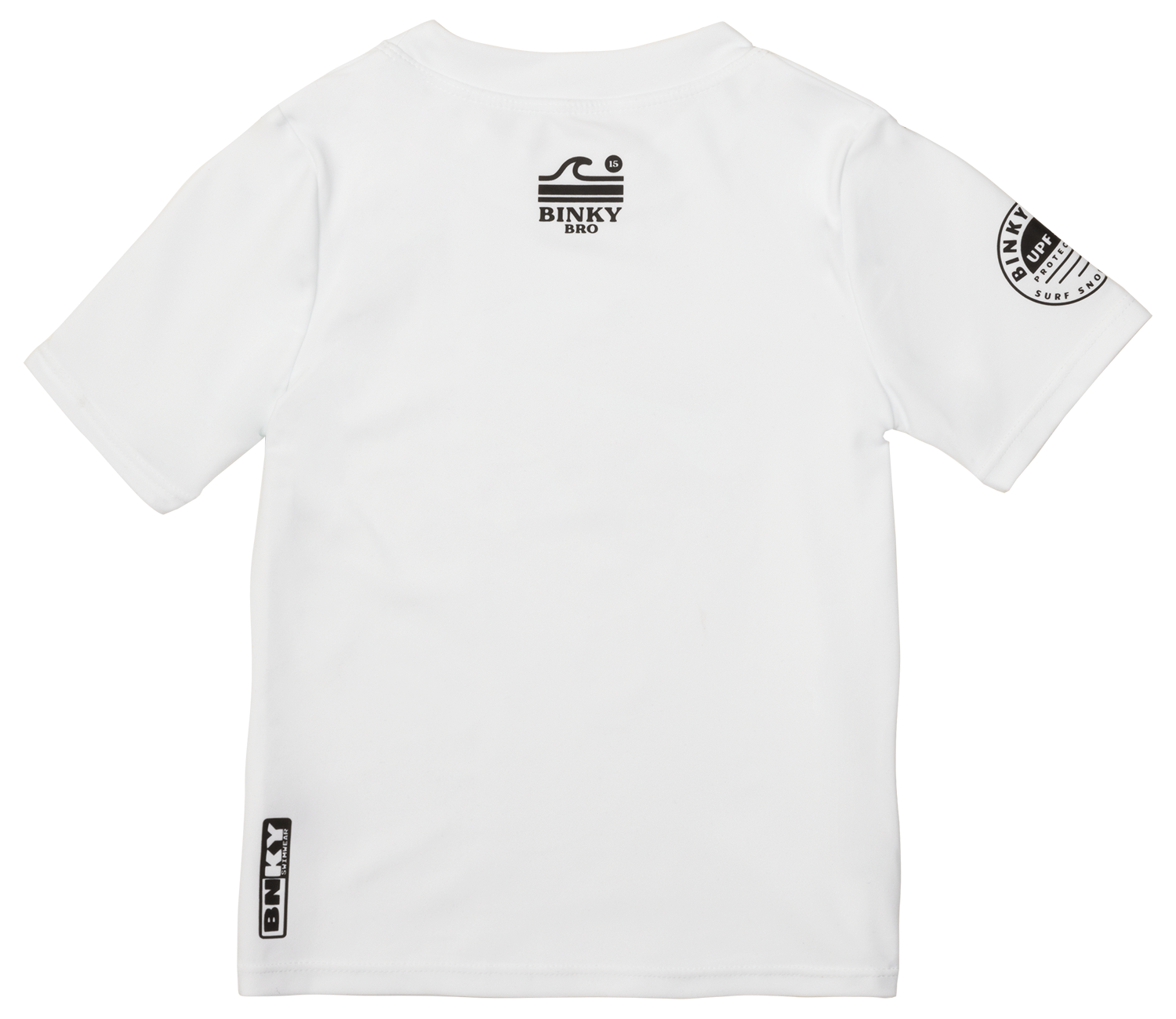 White short-sleeve rash guard featuring BinkyBro logo and stylish branding, designed for active kids.