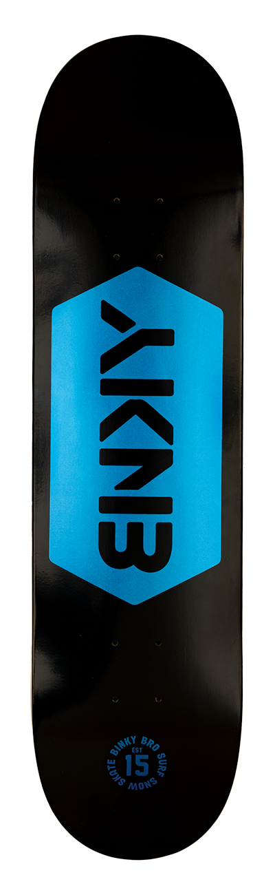 Black skateboard deck featuring a bold blue hexagon logo with the letters AKNB, designed for stylish youth skating.