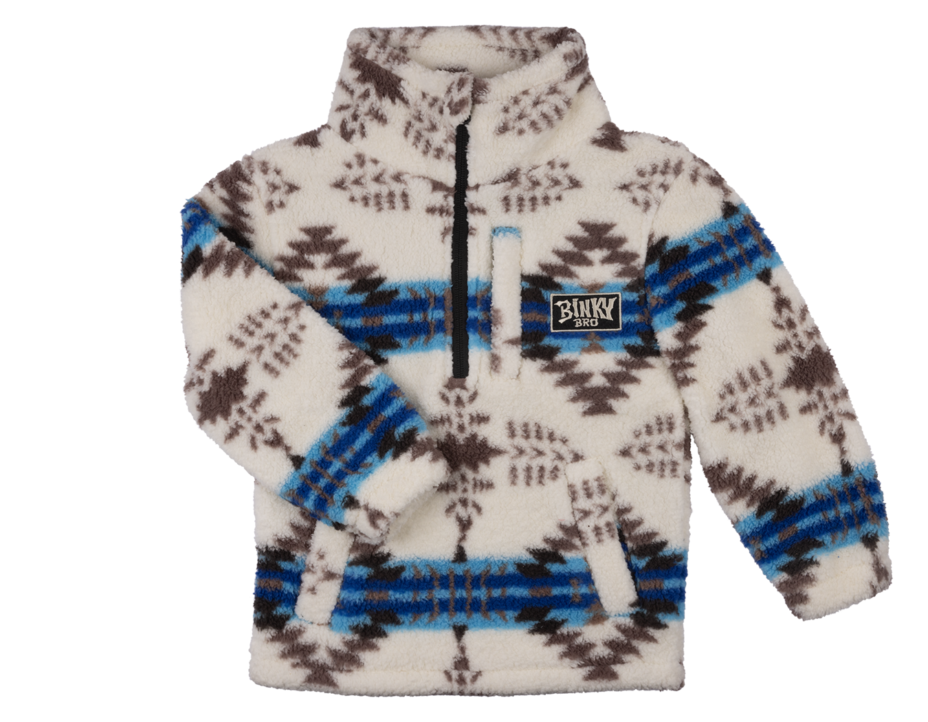 Cozy luxury fleece pullover featuring a tribal pattern in white, brown, and blue, with a BinkyBro logo patch.