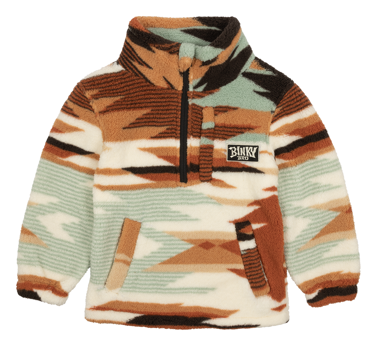 Cozy luxury fleece pullover in earthy tones with a geometric pattern, featuring a zip neck and BinkyBro logo. Perfect for kids.