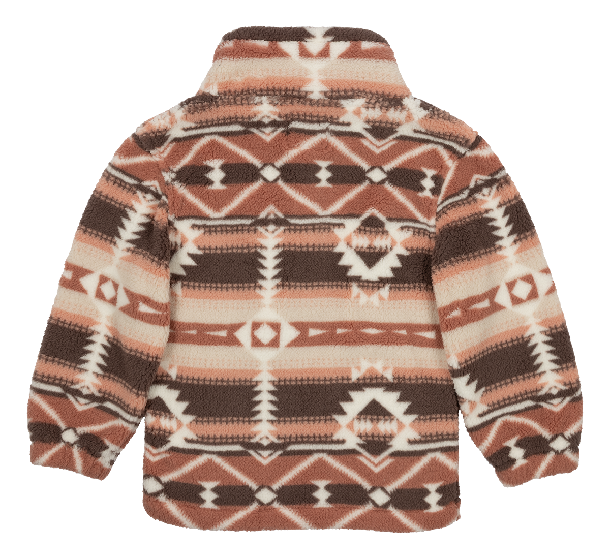 Cozy luxury fleece jacket featuring a geometric tribal pattern in earthy tones of brown, cream, and rust.
