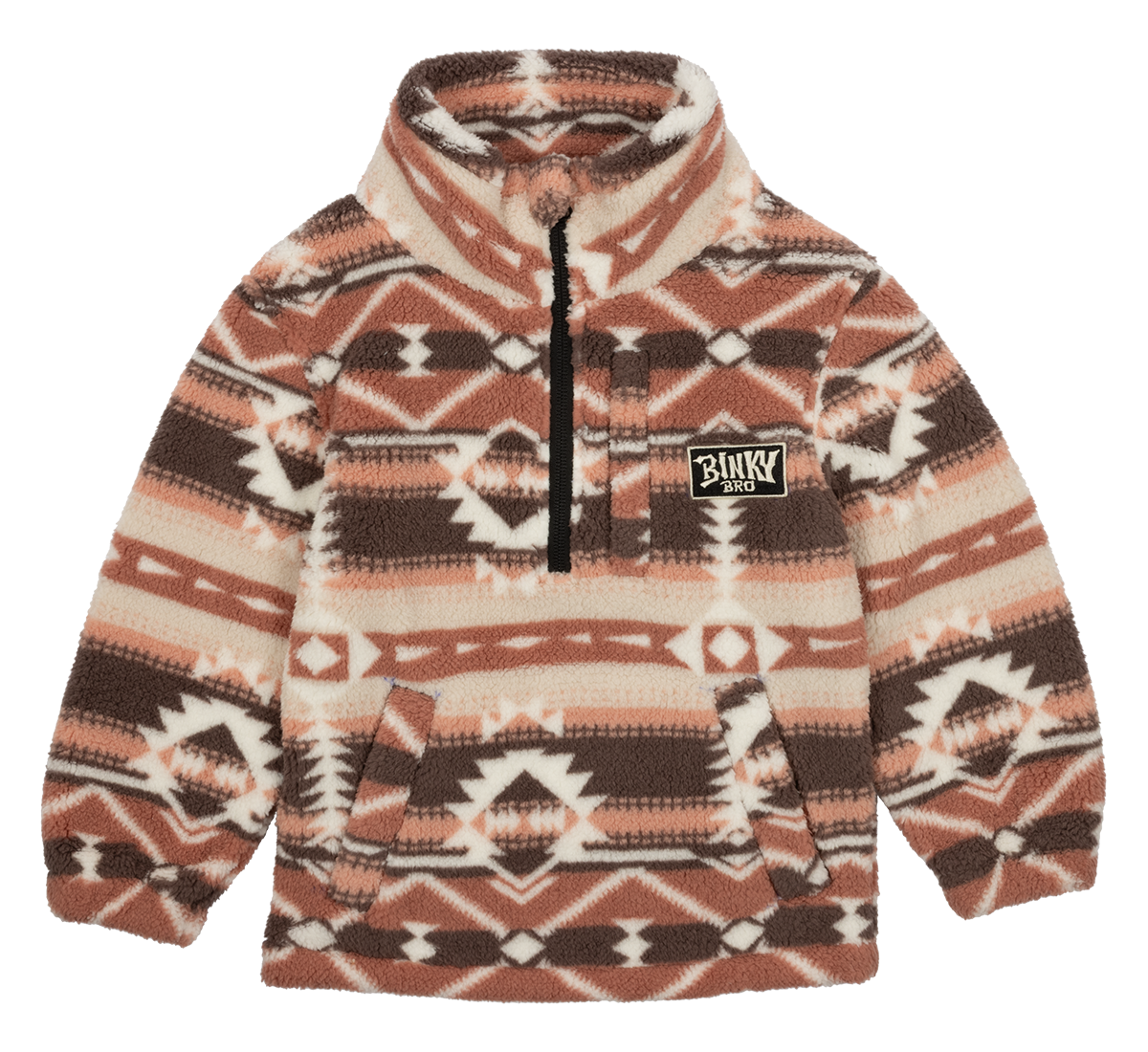 Cozy luxury fleece pullover with a tribal pattern in warm earth tones, featuring a half-zip and front pocket.