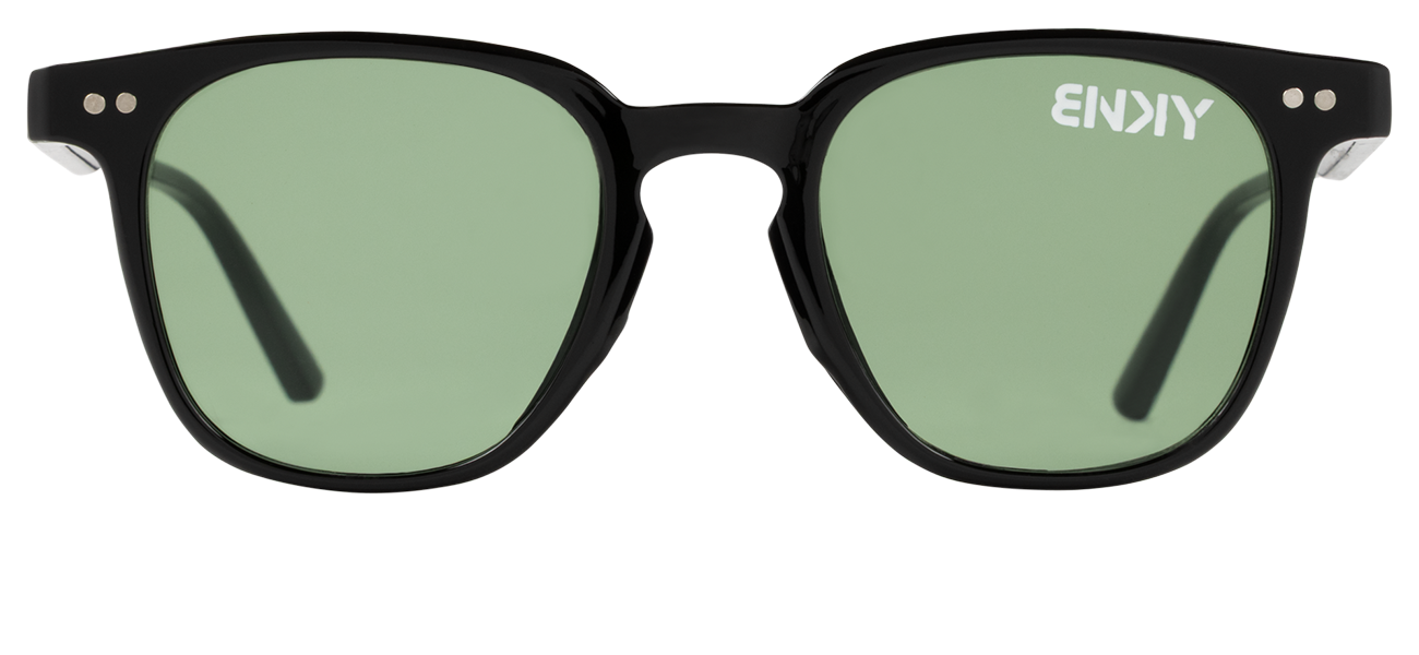Stylish black sunglasses with green lenses, featuring a modern square frame design. Perfect for a trendy look.