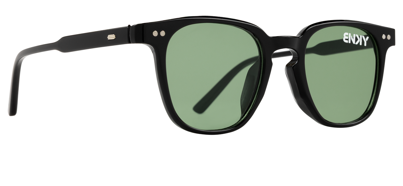 Stylish black sunglasses with green lenses, featuring a classic frame design and subtle branding on the lens.