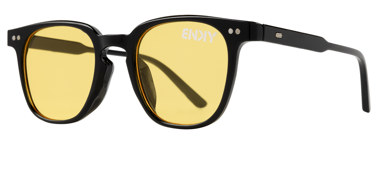 Stylish black sunglasses with yellow lenses, featuring a modern square frame and subtle branding on the side.