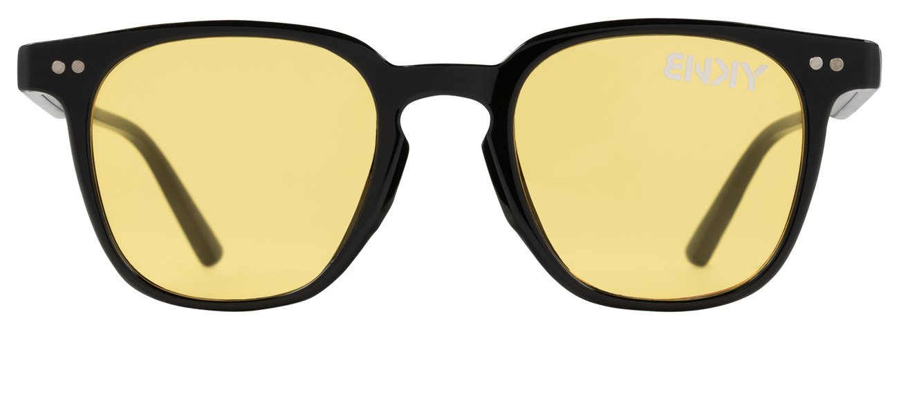 Stylish black sunglasses with yellow lenses, perfect for adding a trendy touch to any outfit. Ideal for outdoor adventures.