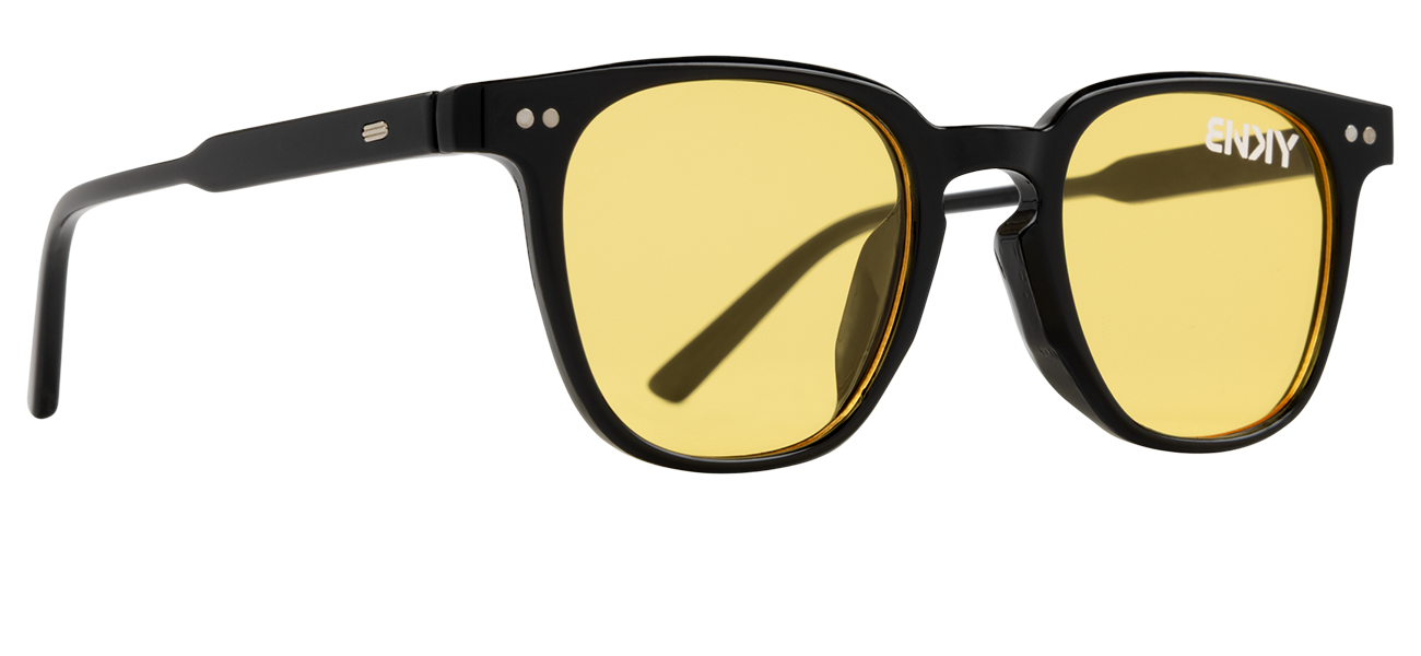 Stylish black sunglasses with yellow lenses, featuring a modern design and logo on the frame, perfect for sunny days.