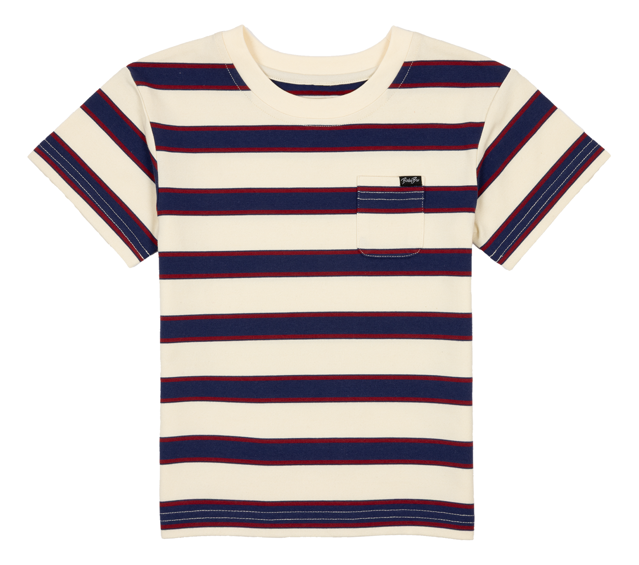 Stylish striped t-shirt for kids featuring navy and red stripes with a chest pocket, perfect for casual wear.