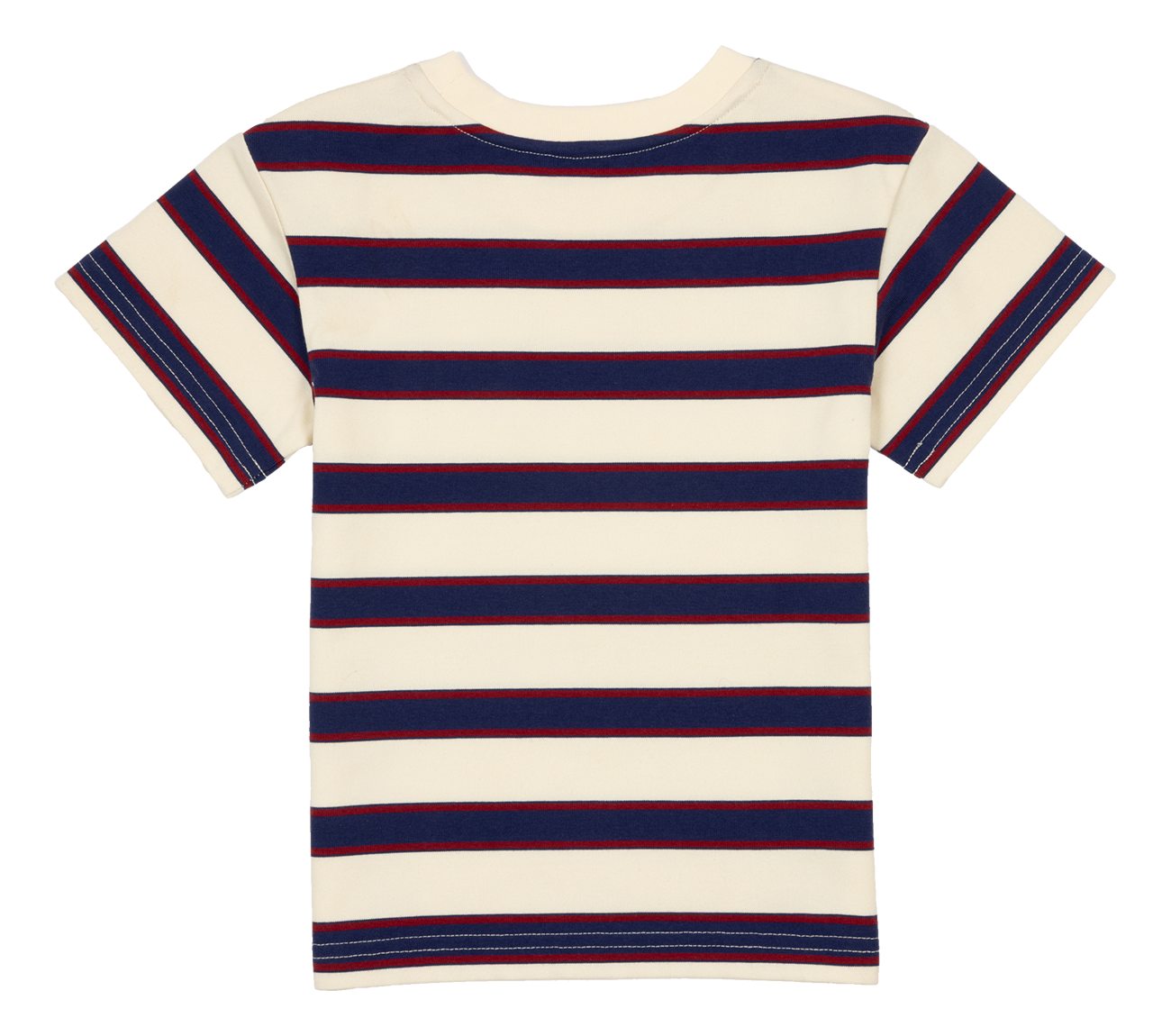 Stylish striped t-shirt featuring navy and red stripes on a cream background, perfect for kids' casual wear.