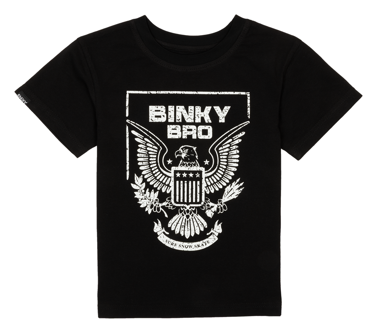 Black t-shirt featuring a bold eagle graphic and "Binky Bro" text, designed for infants and toddlers in a surf-snow-skate style.