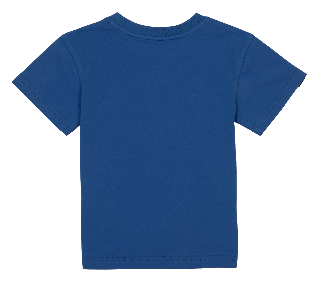 Back view of a blue short-sleeve t-shirt for kids, featuring a simple and stylish design. Ideal for casual wear.