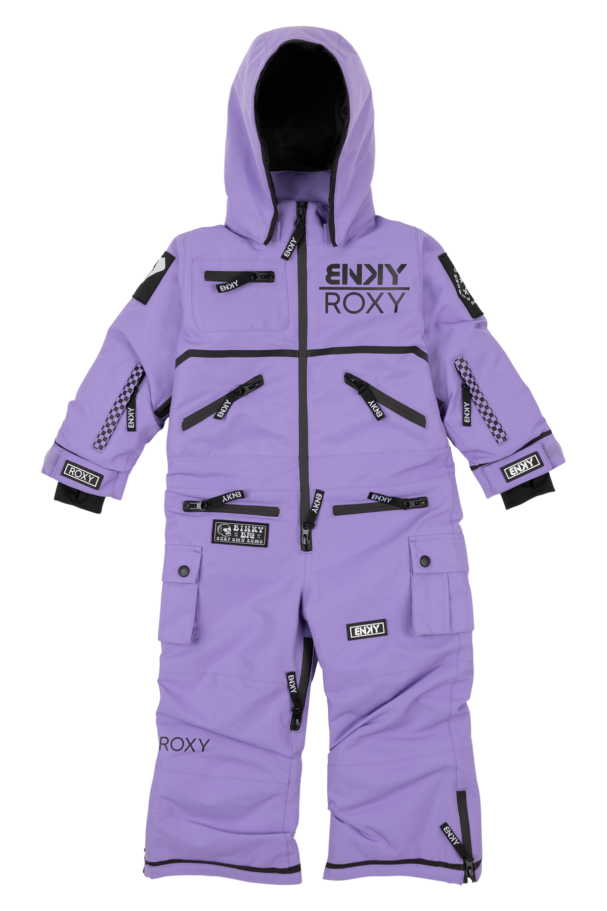 Stylish purple snowsuit for kids featuring multiple pockets and a hood, perfect for winter adventures.