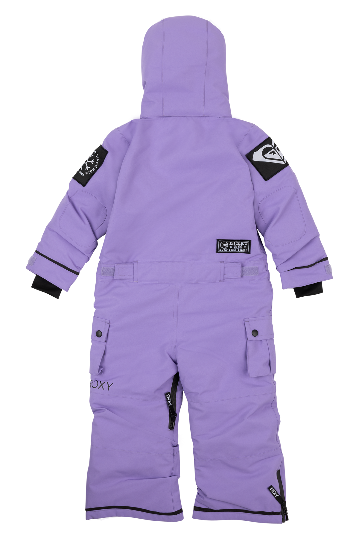 Back view of a Roxy purple snowsuit for kids, featuring a hood and logo patches, designed for winter activities.