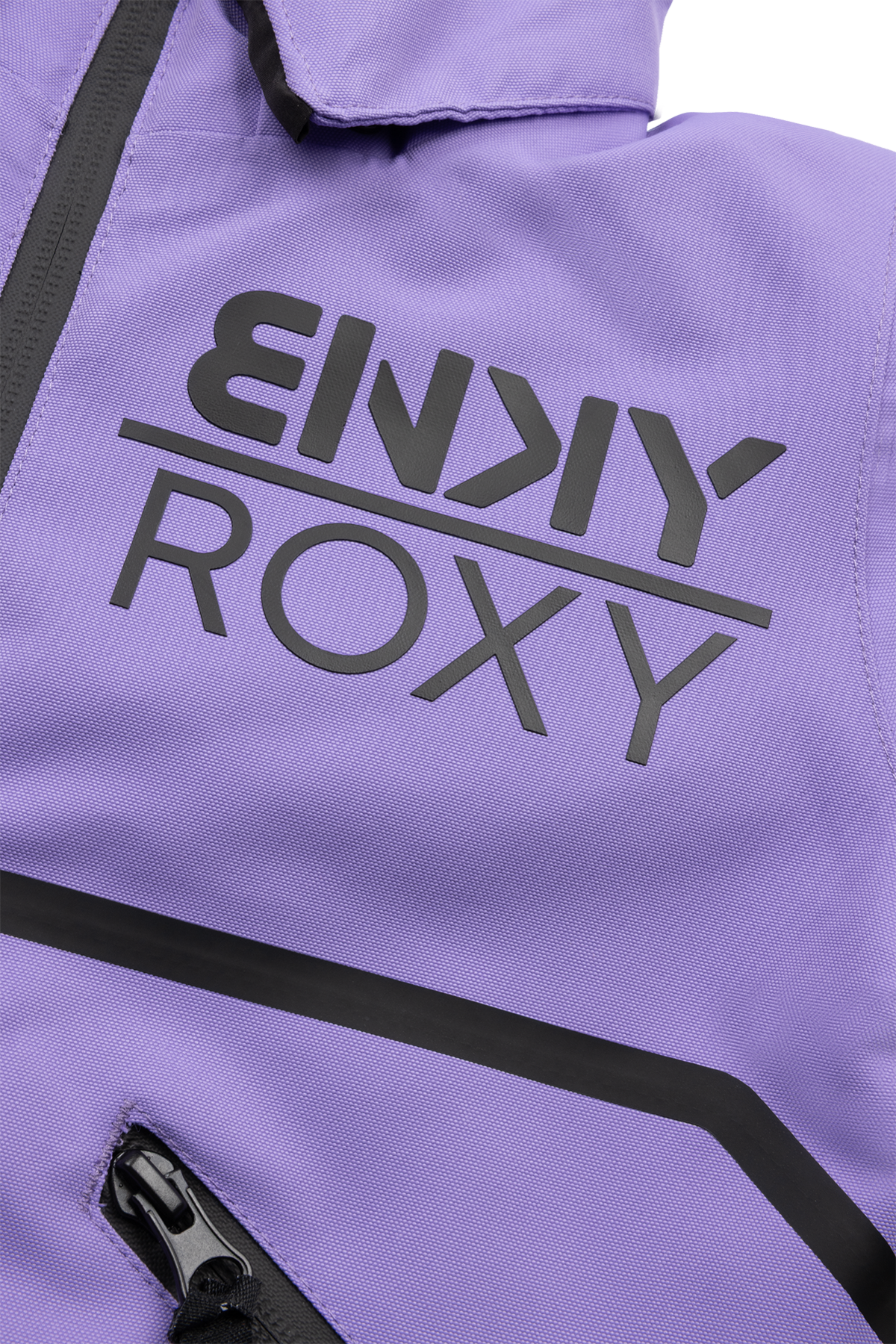 Stylish purple jacket featuring bold black Roxy logo, designed for active youth in surf-snow-skate lifestyle.