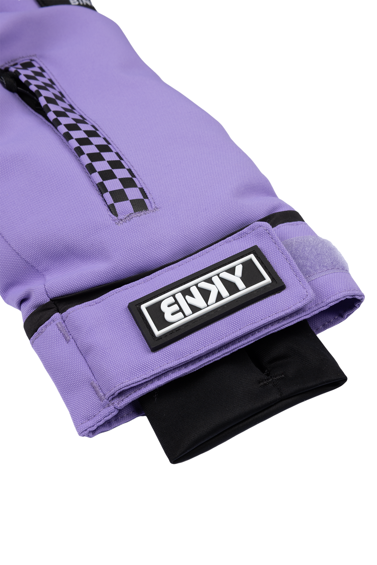 Stylish purple snow gloves featuring a checkered design and adjustable cuff for a secure fit, perfect for winter activities.