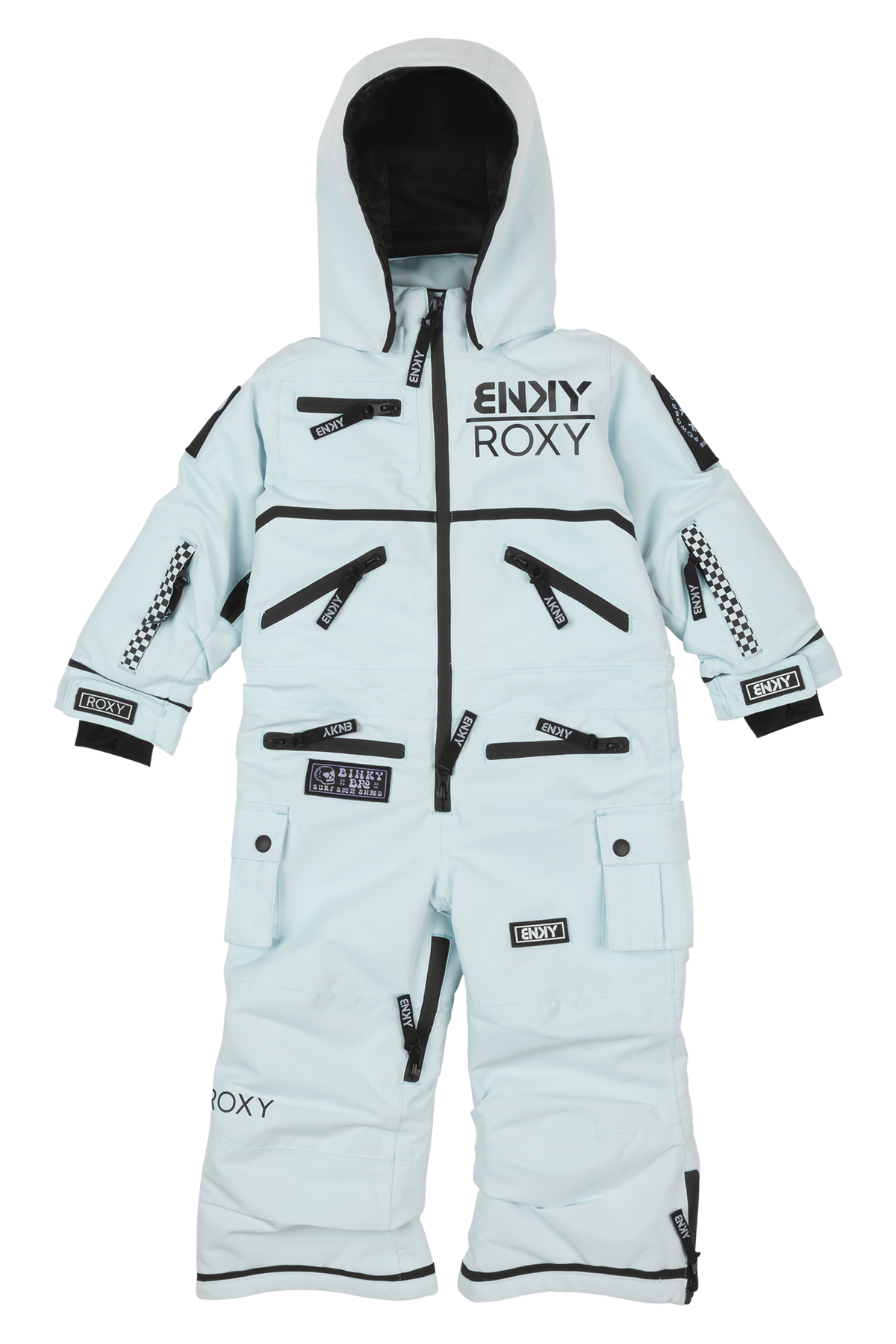 Light blue Roxy Saltwater snowsuit featuring multiple zippered pockets and a hood, designed for kids' winter adventures.