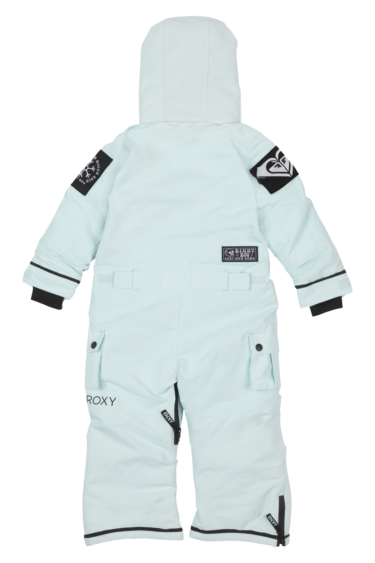 Light blue Roxy Saltwater snowsuit for kids featuring a hood, adjustable straps, and stylish patches for winter adventures.