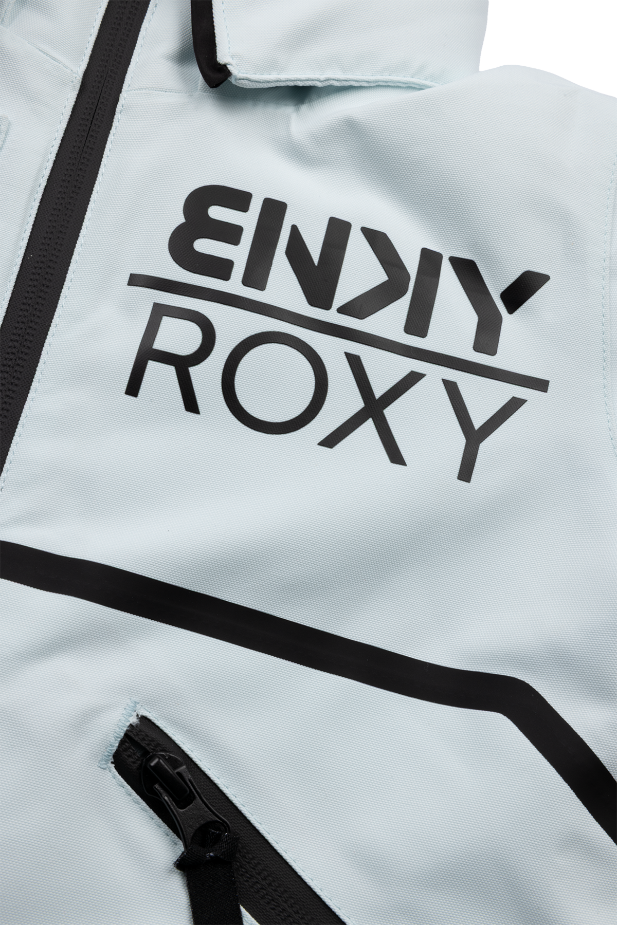 Light blue Roxy Saltwater jacket featuring a bold black logo and zippered pockets, designed for stylish outdoor adventures.