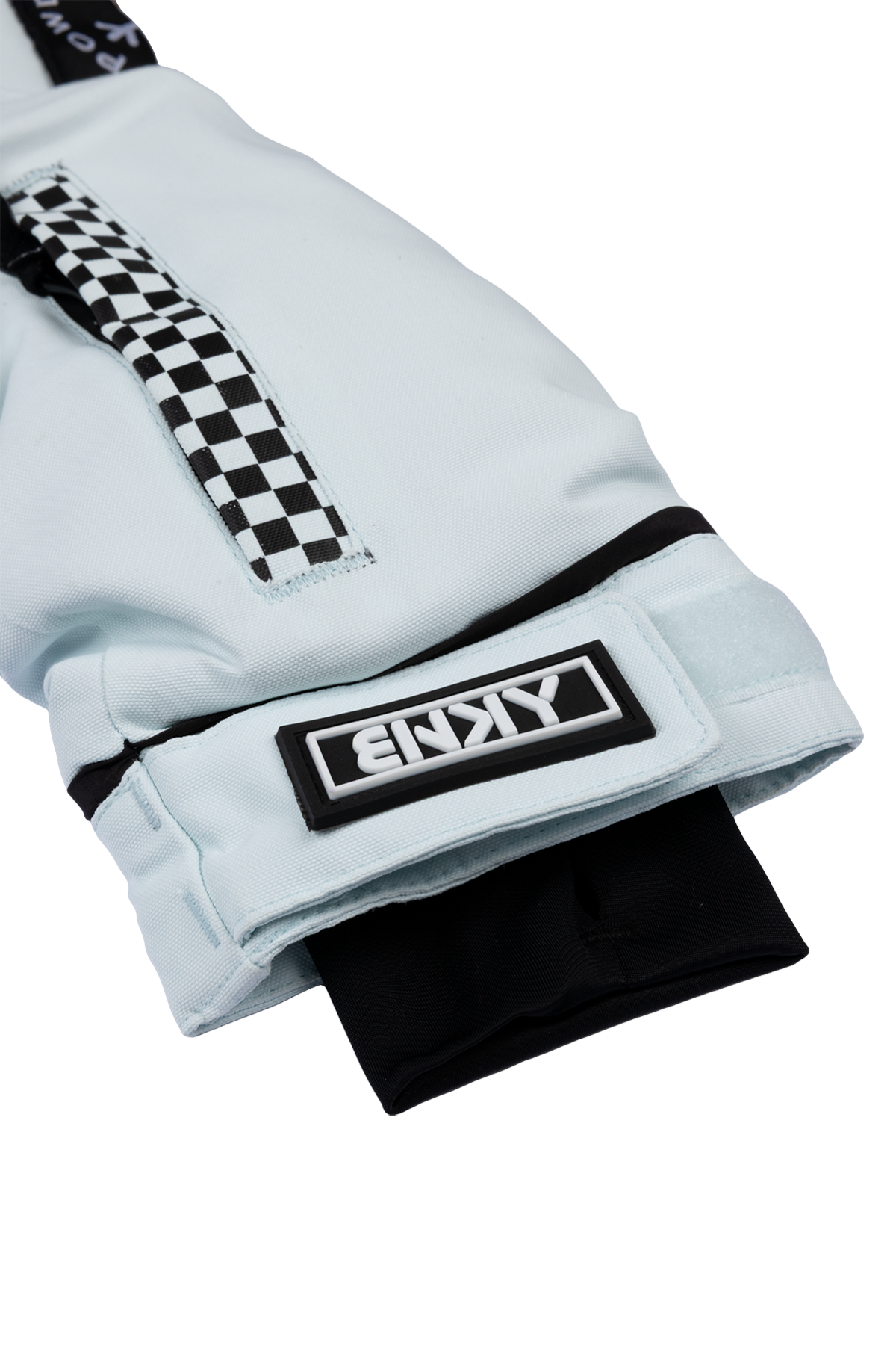 Light blue snow glove with checkered design and black cuff, ideal for winter sports and outdoor activities.