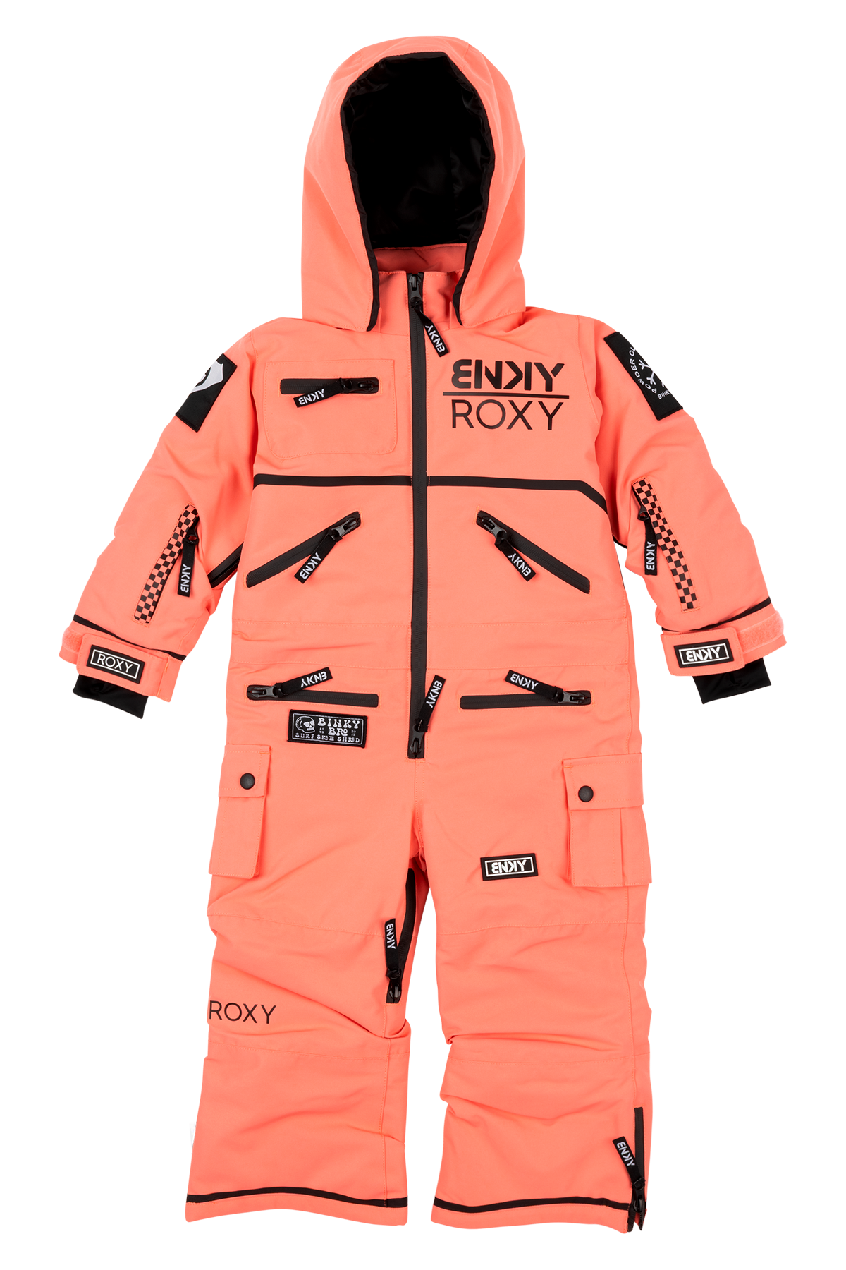 Bright orange Roxy Georgia Peach snowsuit for kids featuring multiple zippered pockets and a cozy hood. Ideal for winter adventures.
