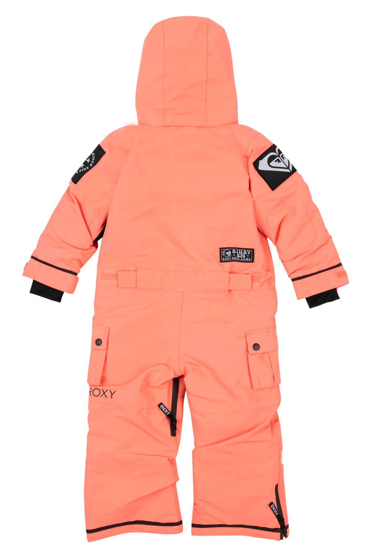 Bright peach Roxy Georgia snowsuit for kids, featuring a hood, adjustable cuffs, and logo details for winter activities.