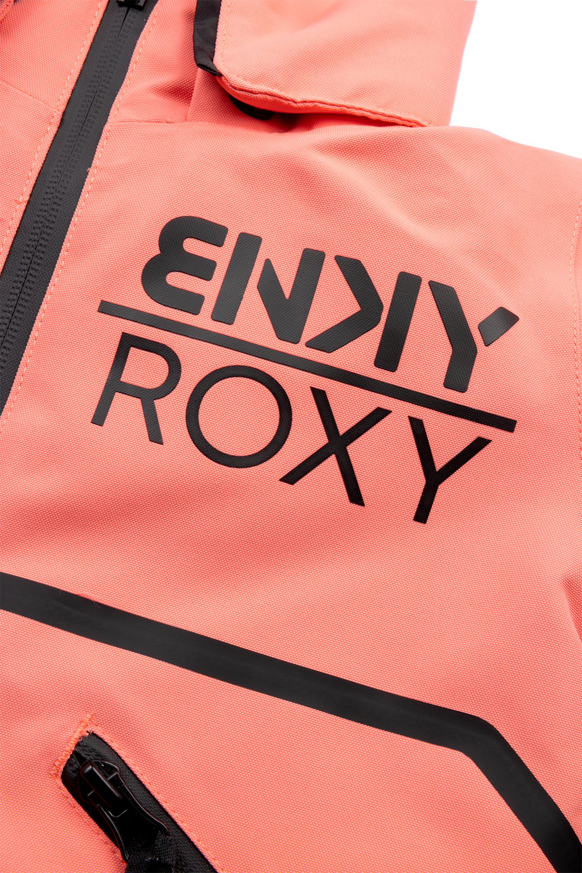 Stylish coral Roxy jacket featuring bold black logo, perfect for active youth in surf and snow environments.