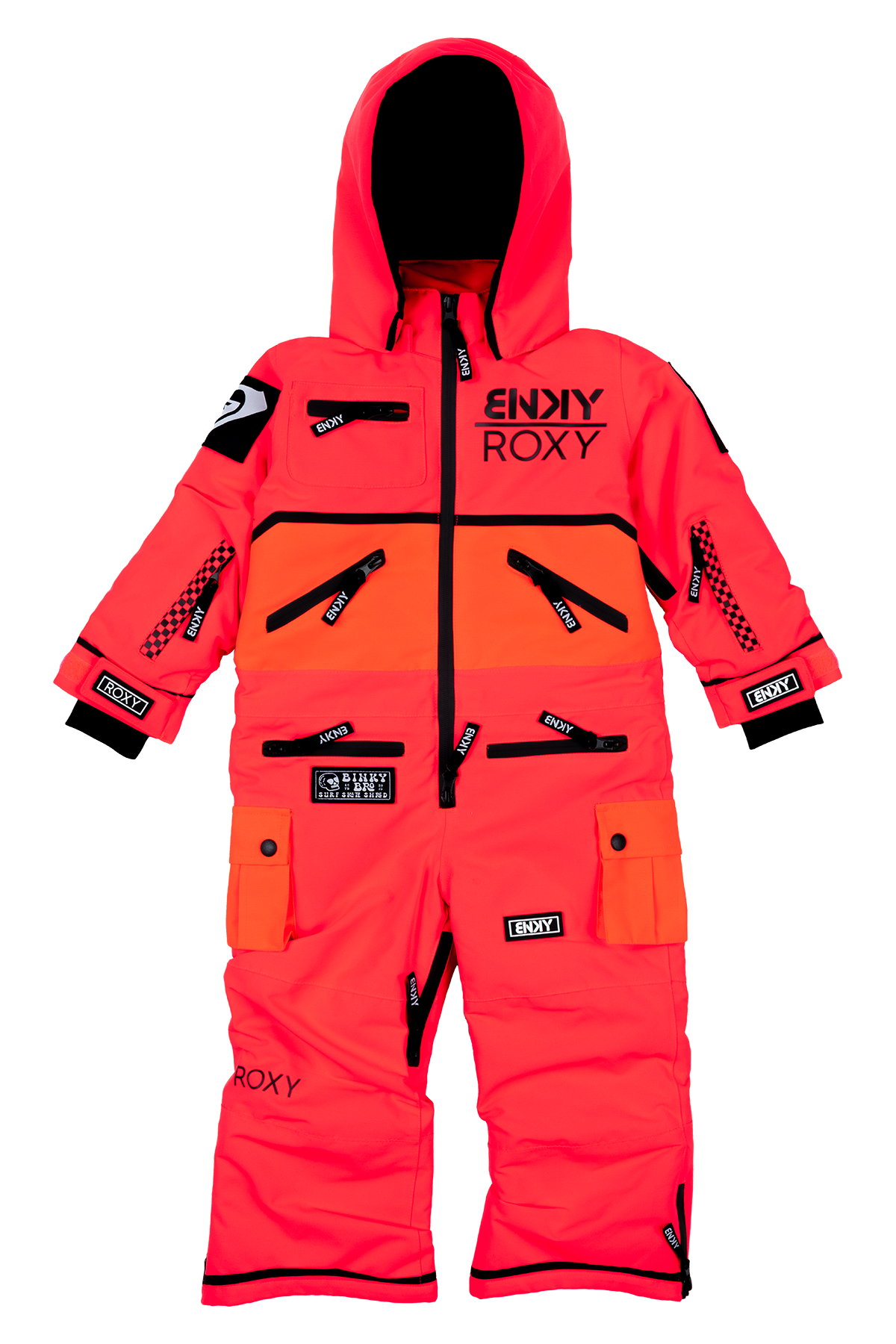 Bright orange Roxy Fire snowsuit for kids featuring multiple zippered pockets and a hood, designed for winter activities.