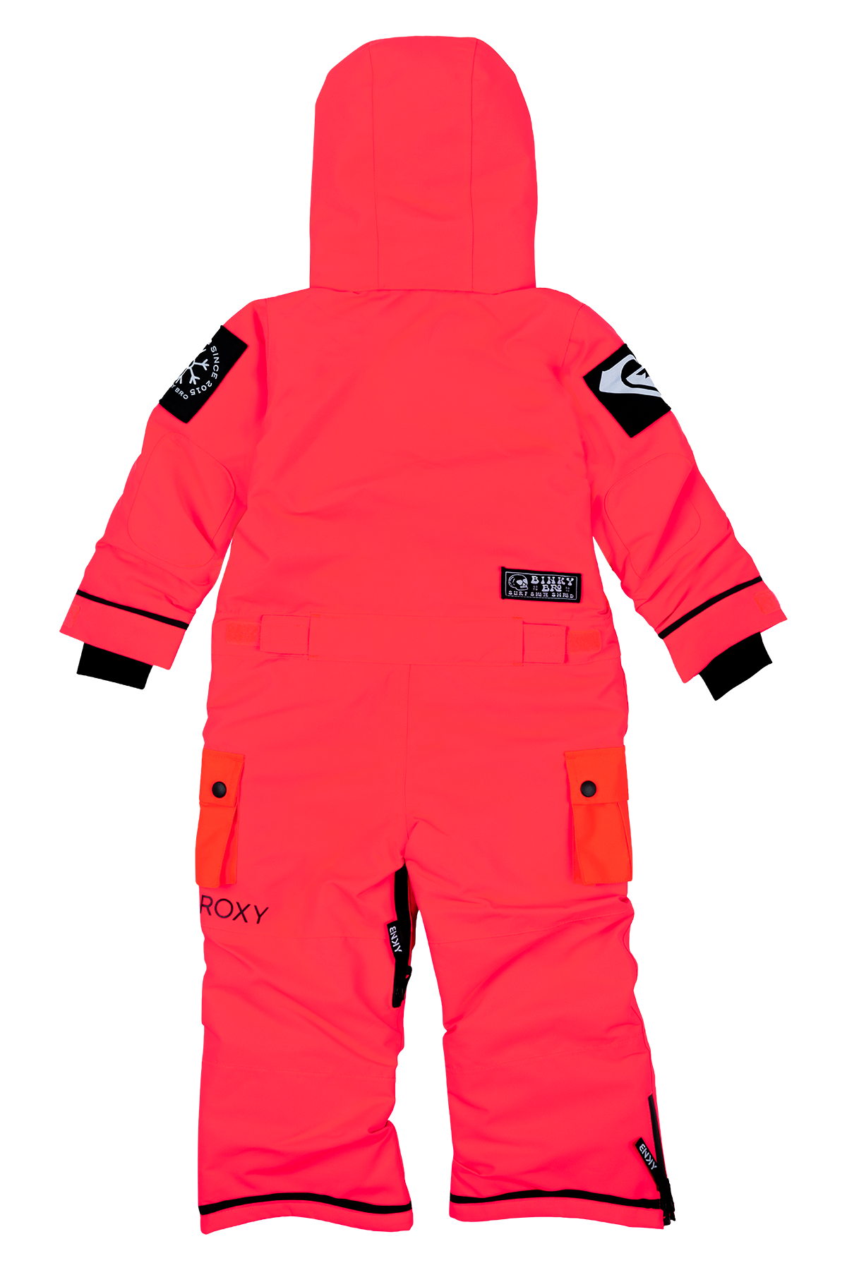 Bright pink Roxy Fire snowsuit for kids, featuring a hood, adjustable cuffs, and multiple pockets for winter adventures.