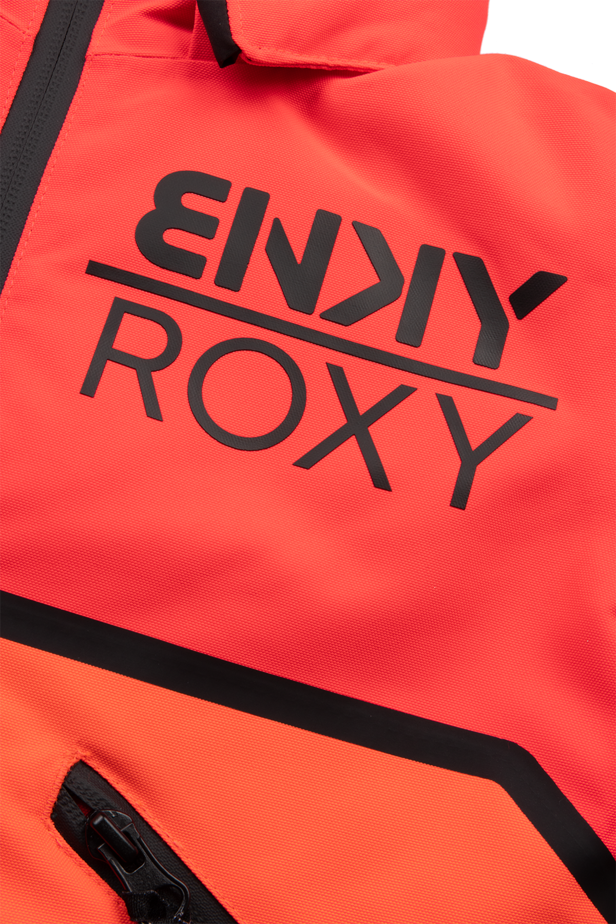 Bright orange Roxy jacket featuring bold black branding and a zippered pocket, designed for active youth.