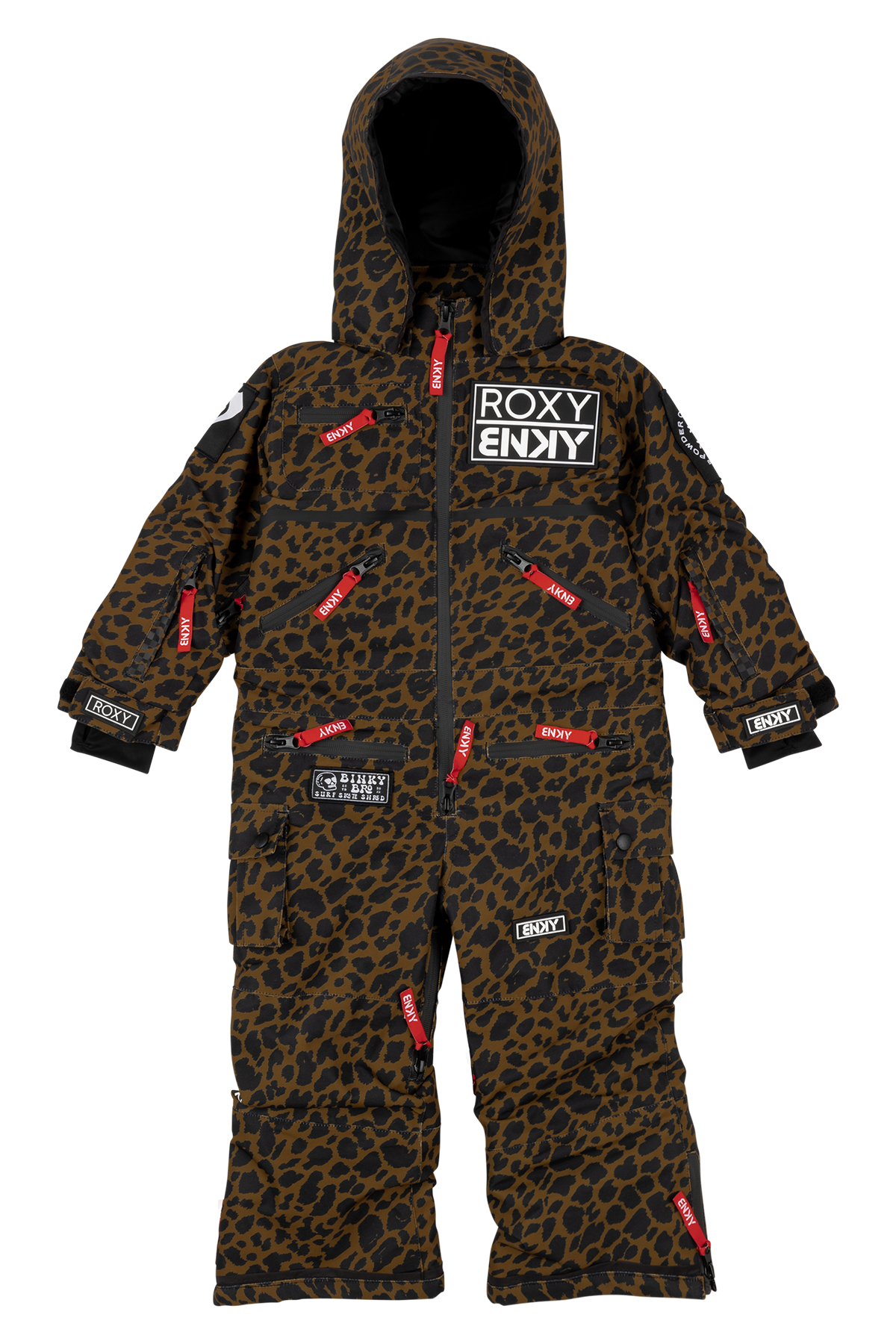 Stylish Roxy Cheetah snowsuit featuring a bold leopard print, multiple zippered pockets, and a cozy hood for warmth.